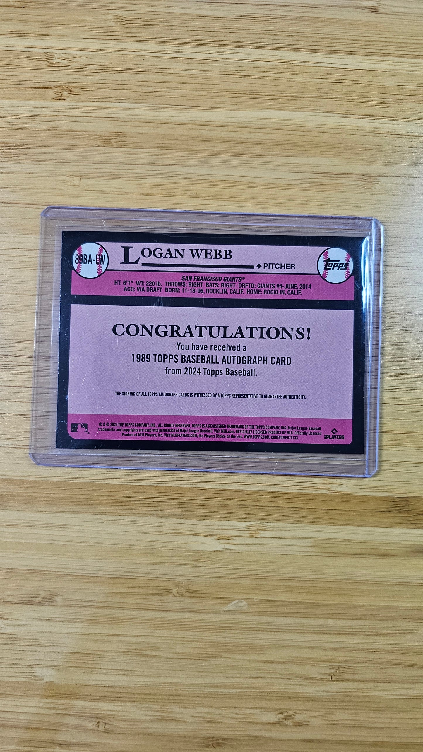 Topps 2024 Series 1 Baseball Logan Webb - Retro on card Autograph - (SF Giants)
