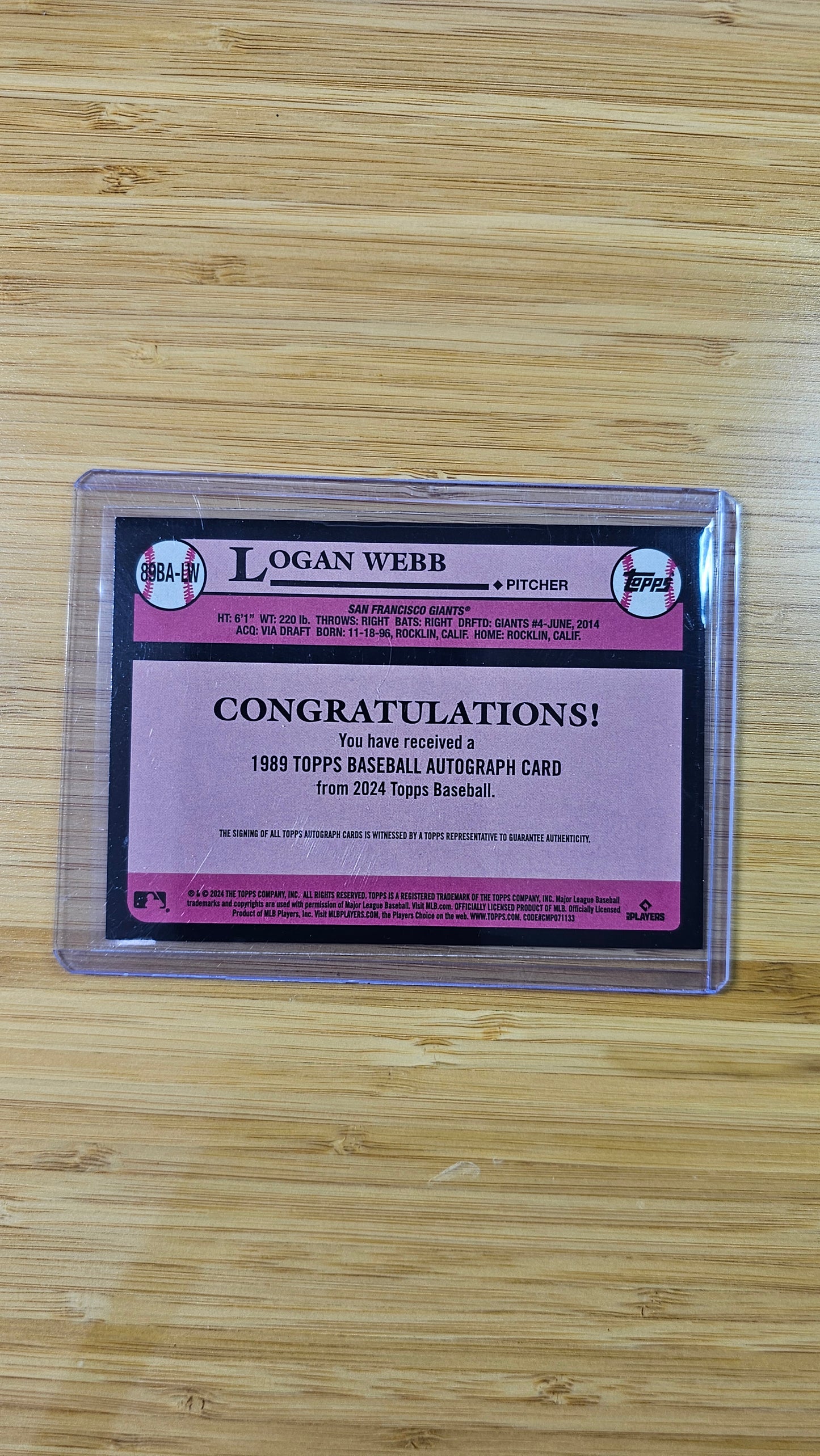 Topps 2024 Series 1 Baseball Logan Webb - Retro on card Autograph - (SF Giants)