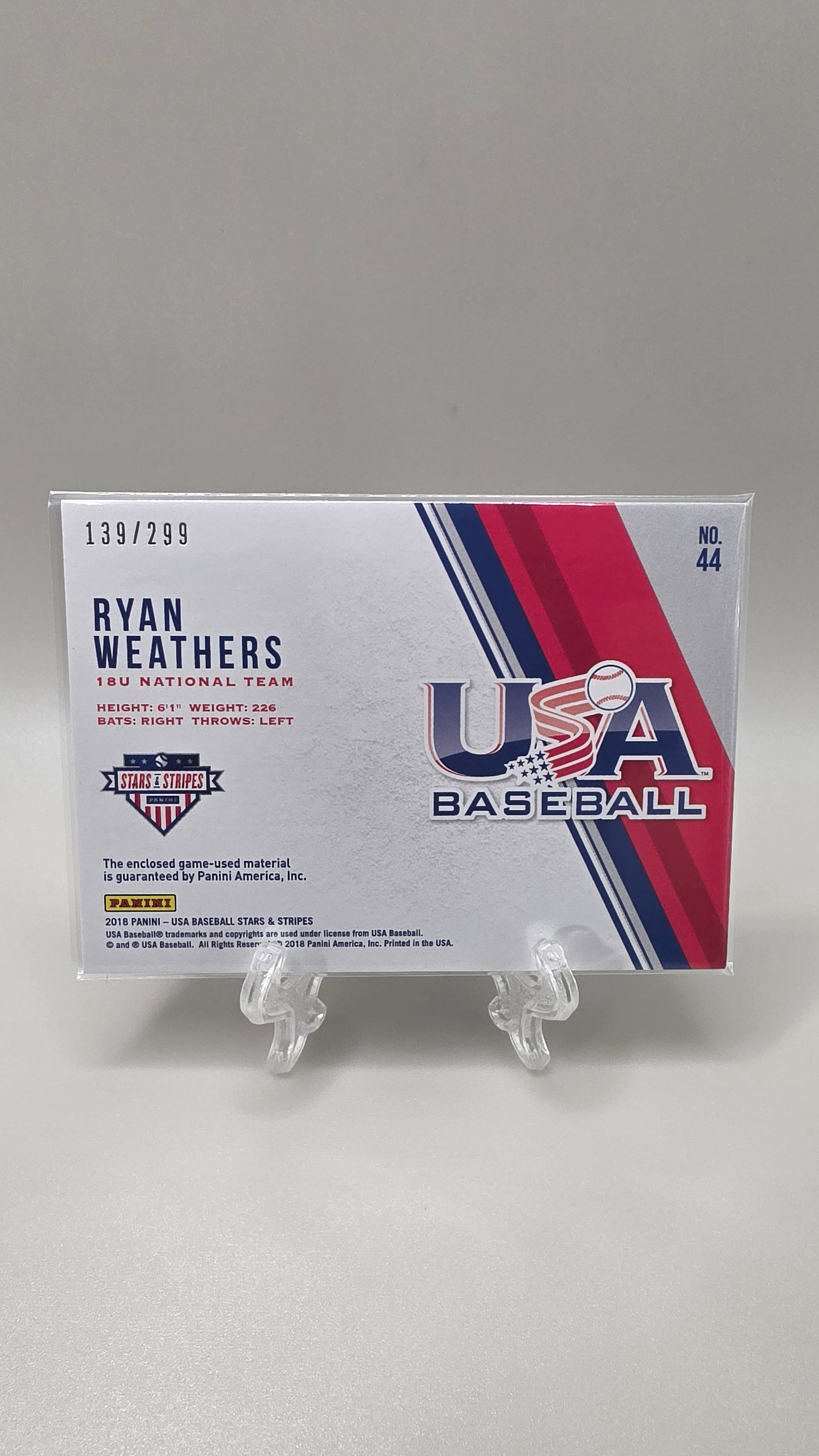 2018 USA Stars & Stripes Ryan Weathers Jumbo Relic Card /299 #44