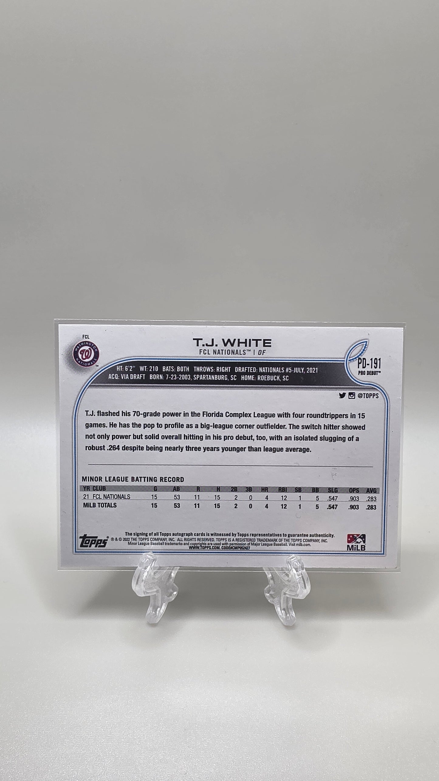 2022 Topps Pro Debut T.J.White Autograph Card # PD-191