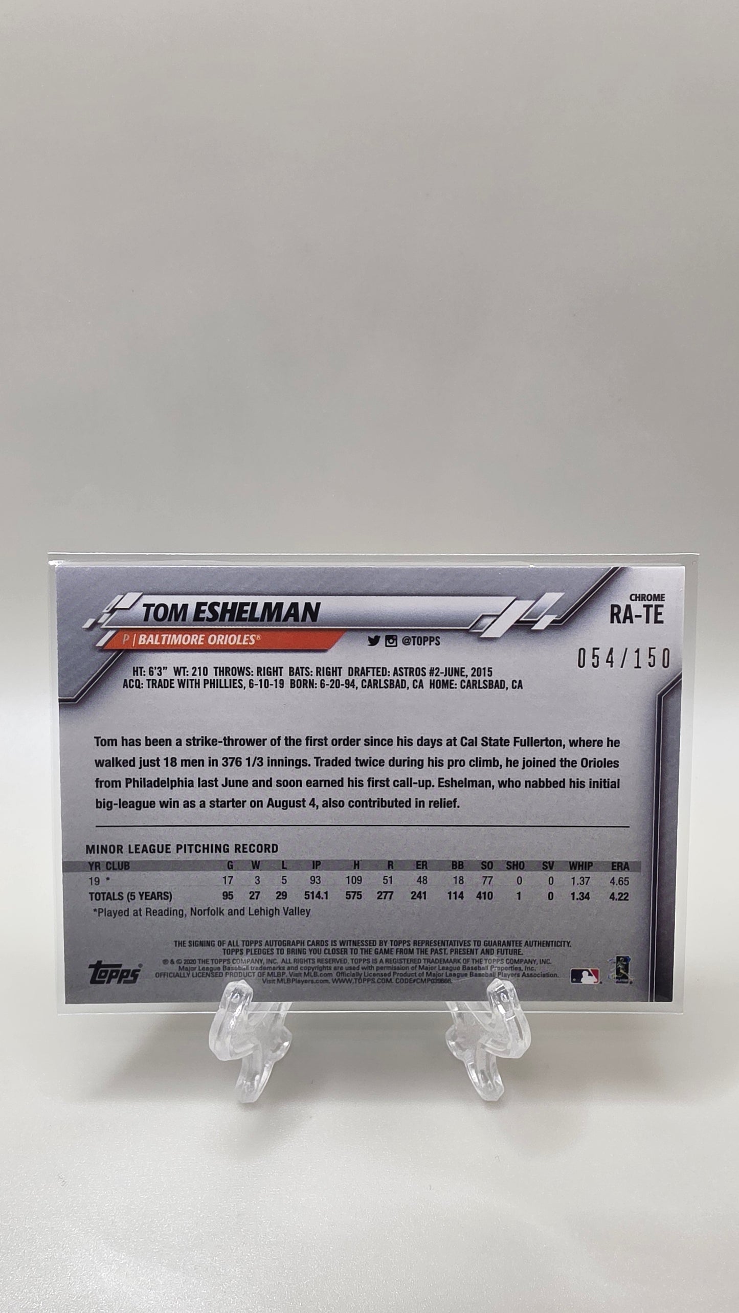 2020 Topps Chrome Tom Eshelman Blue Refractor Auto #/150 Card #RA-TE