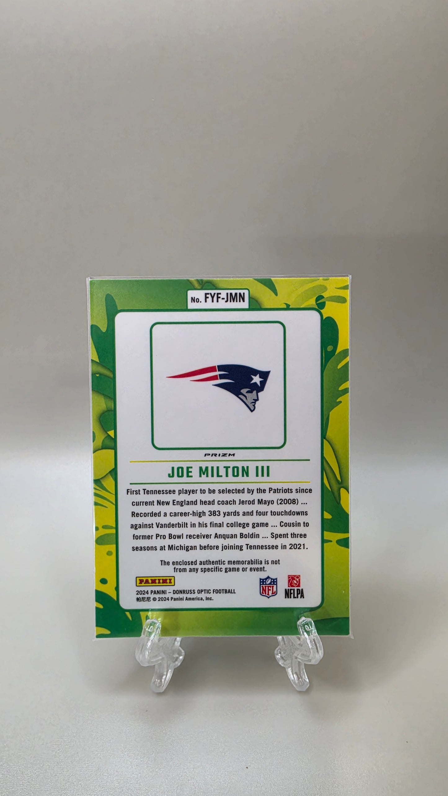 2024 Donruss Optic Joe Milton III First Year Fresh Mem RC #FYF-JMN