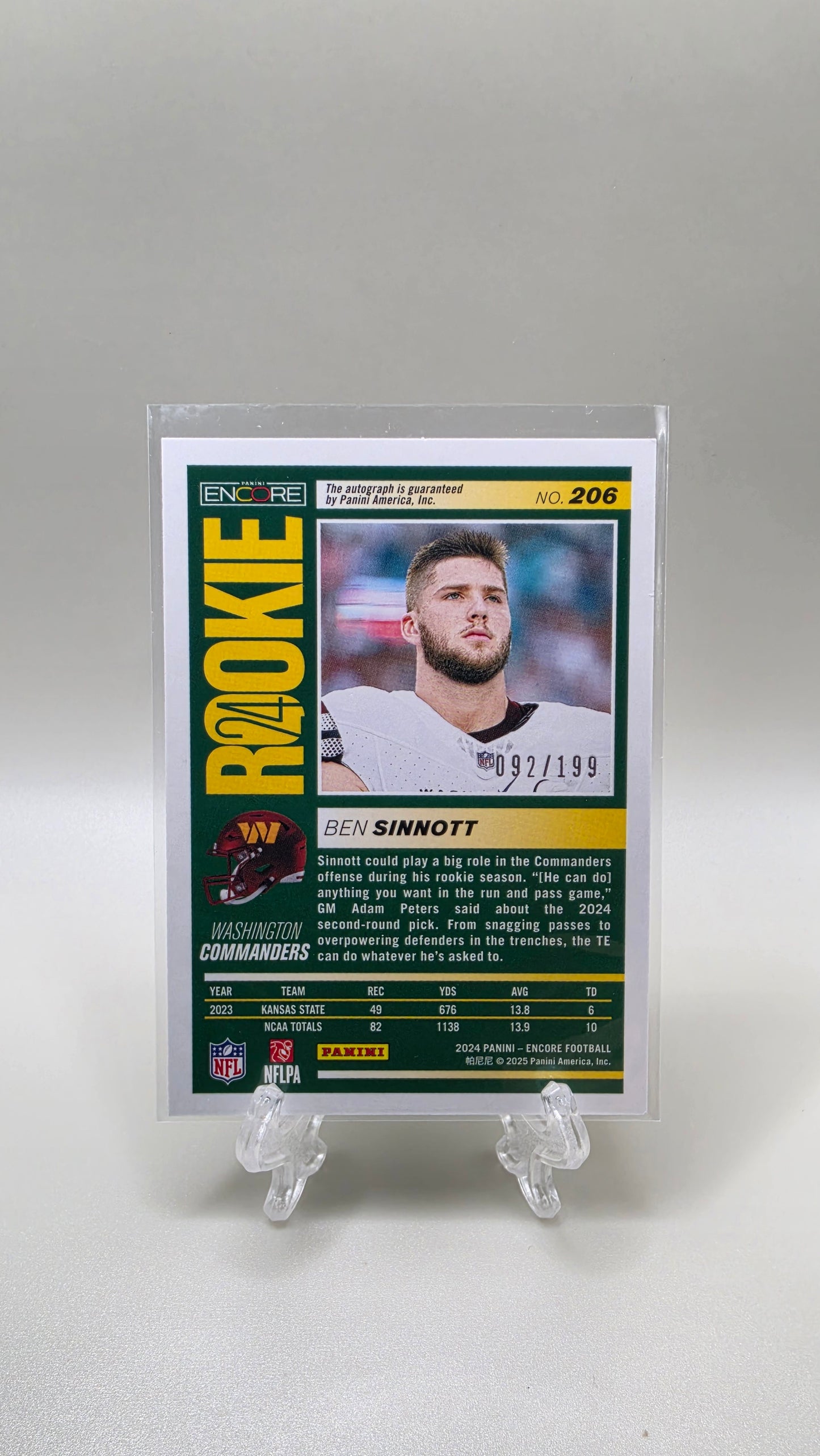 2024 Panini Encore Ben Sinnott Pinnacle Rookie Auto #/199 Card #206