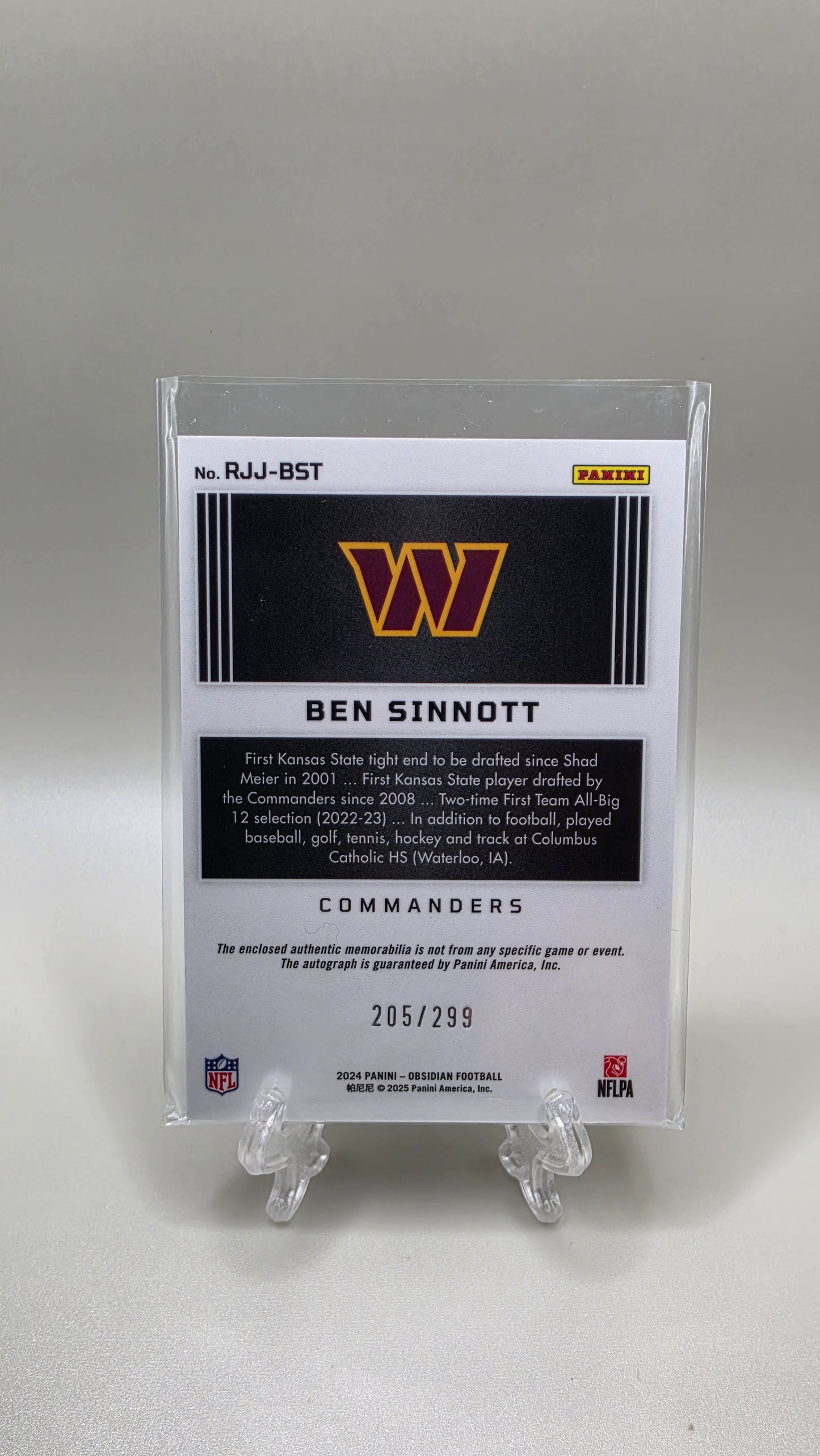 2024 Panini Obsidian Ben Sinnott Rookie Patch Auto #/299 Card #RJJ-BST