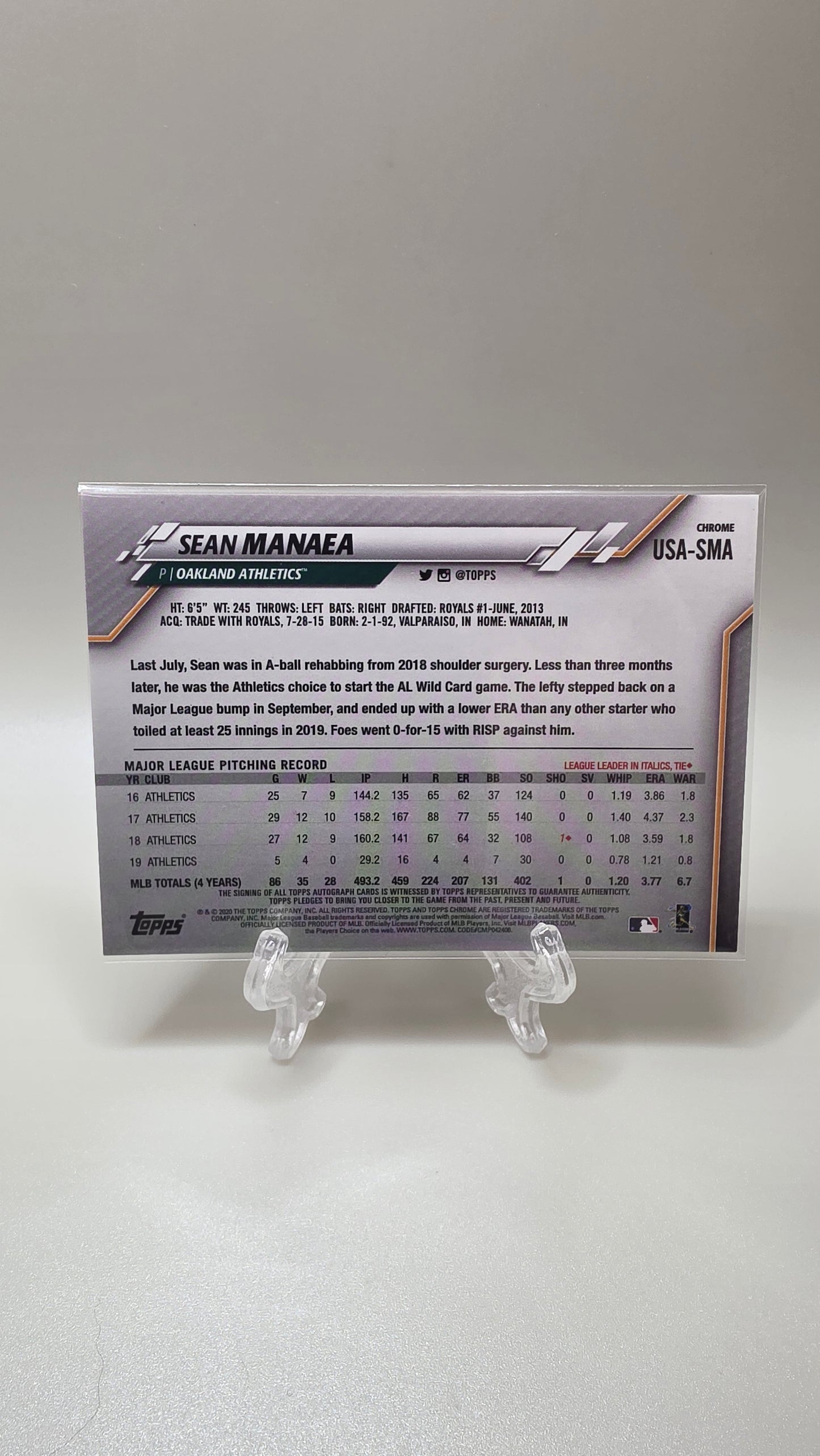 2020 Topps Chrome Sean Manaea Refractor Autograph Card # USA-SMA