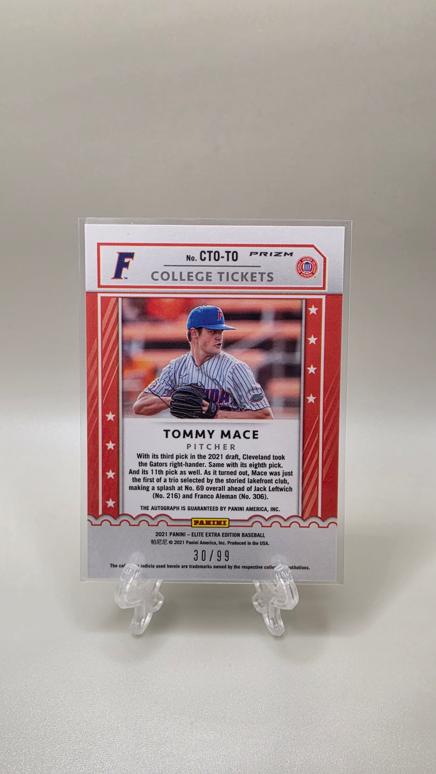 2021 Panini Elite Extra Edition Tommy Mace College Tickets Orange Auto #/99 Card # CTO-TO