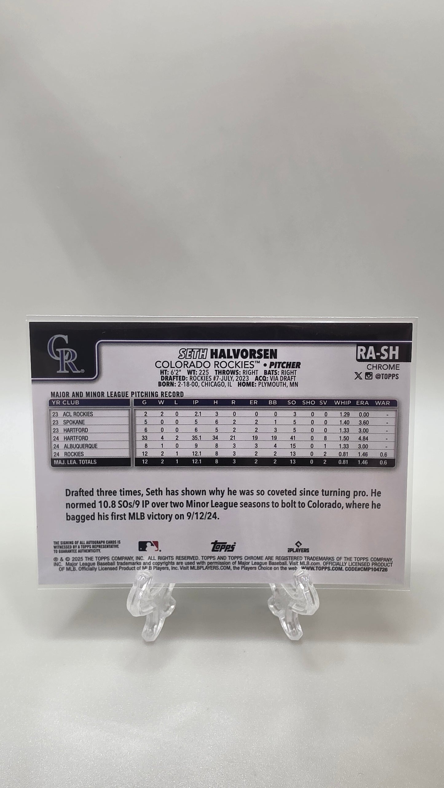 2025 Topps Chrome Seth Halvorsen Rookie Auto Card # RA-SH