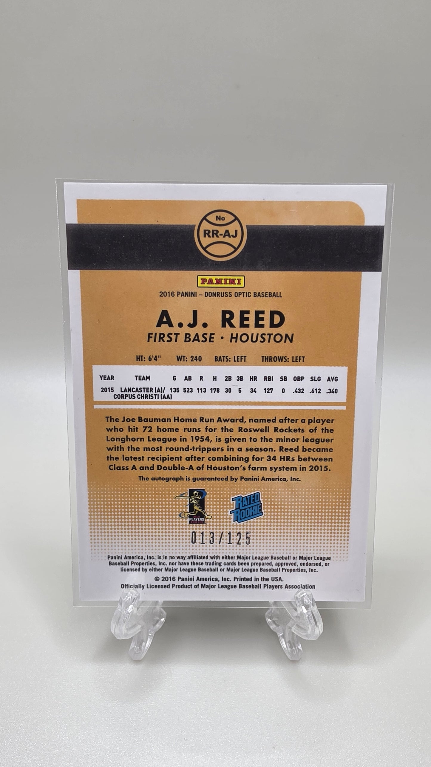 2016 Donruss Optic Baseball A.J. Reed Rated Rookie #/125 Teal Parallel Auto Card # RR-AJ