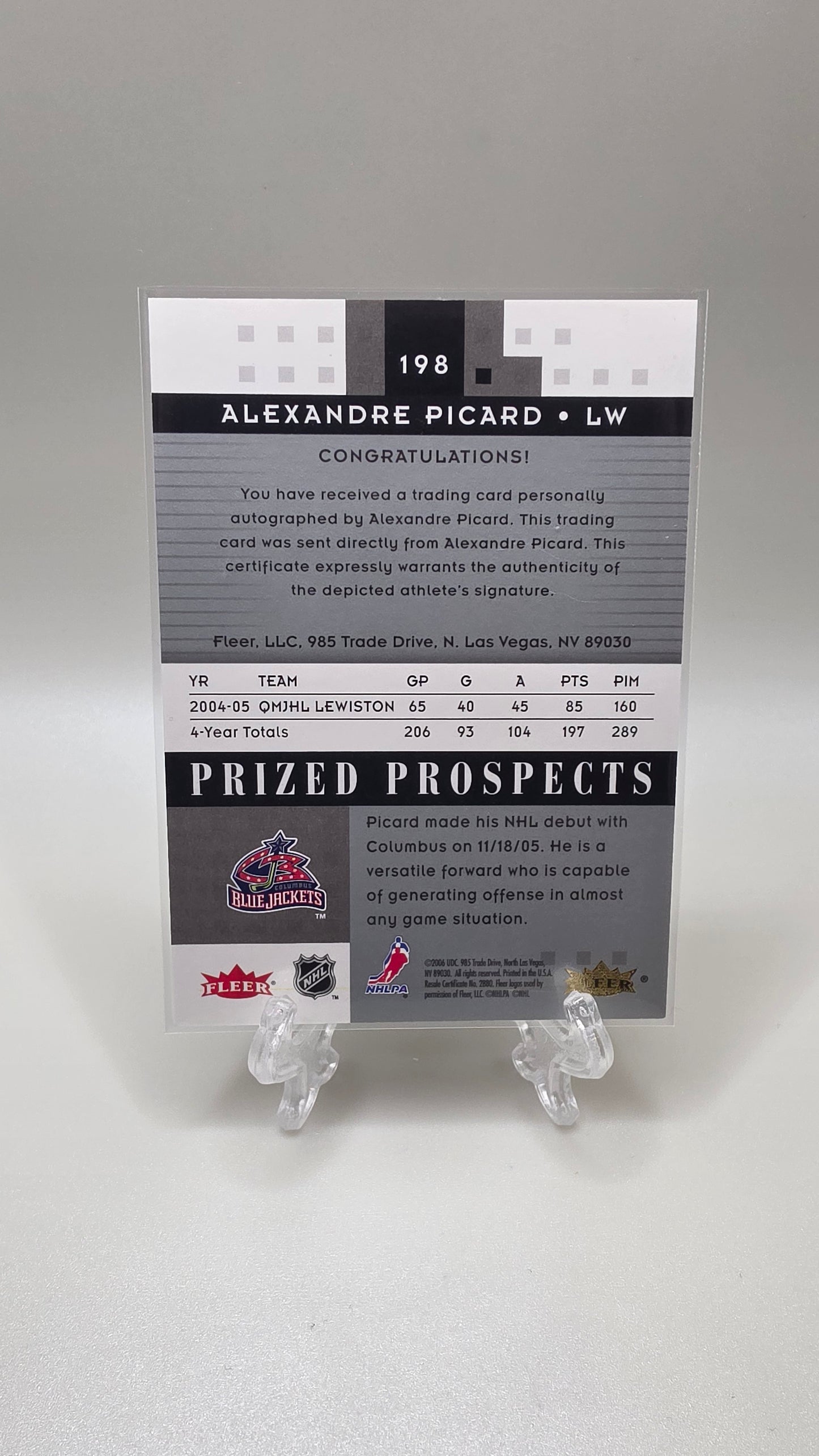2006 Fleer Prized Prospects Alexandre Picard Auto #/999 Card #198