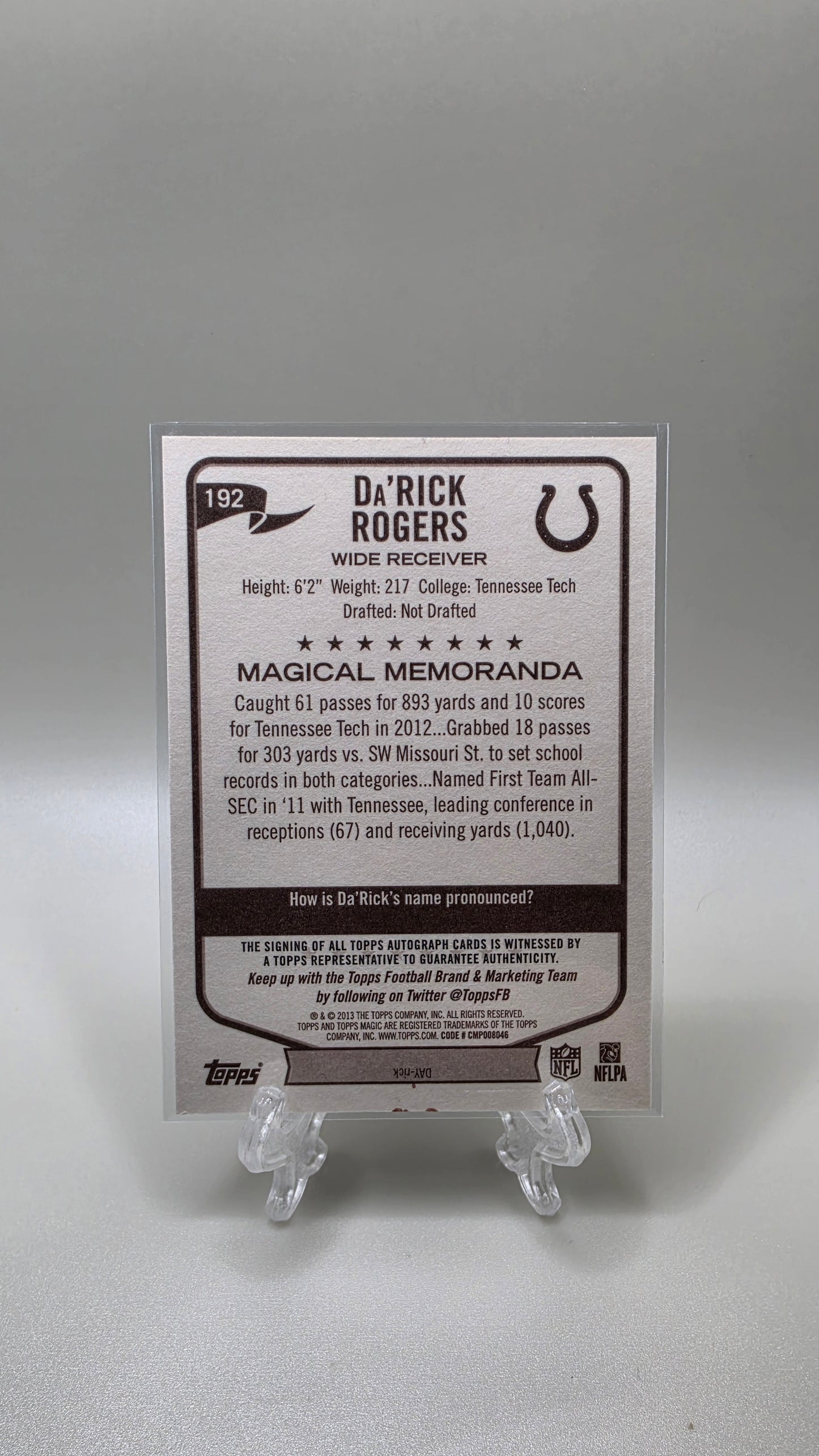 2013 Topps Magic Da'Rick Rogers Rookie Auto Card #192