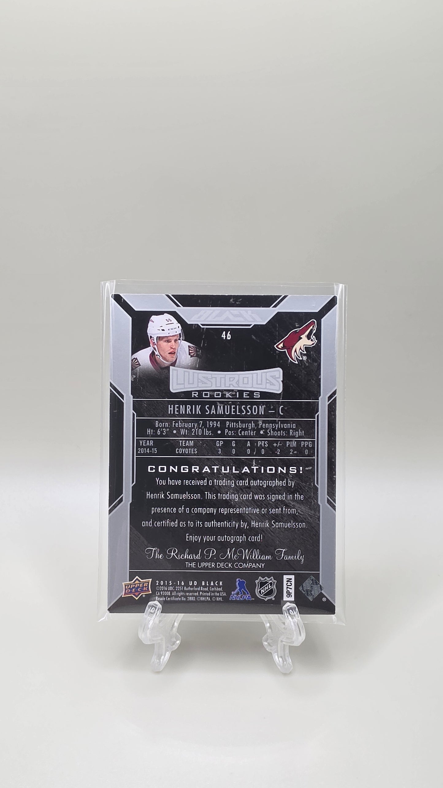 2015-16 Upper Deck Black Henrik Samuelsson Lustrous Rookie Auto #/299 Card # 46
