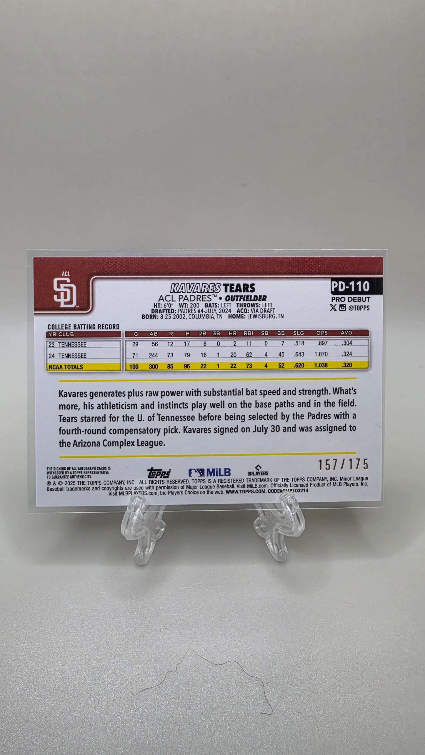 2025 Topps Pro Debut Kavares Tears Sparkle Foil Auto /175 #PD-110