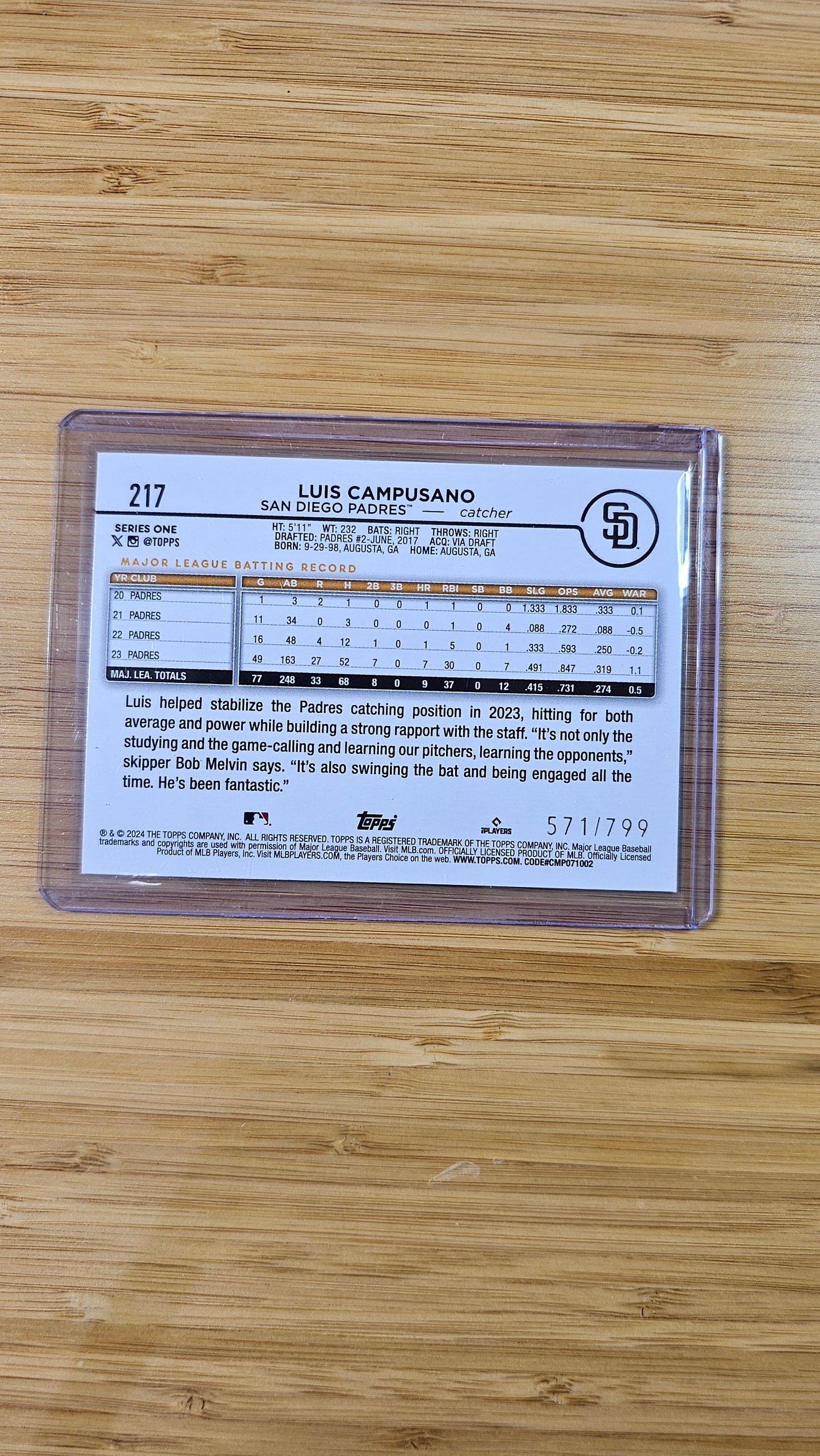 Topps 2024 Series 1 Baseball Luis Campusano - Purple Foil Parallel #571/799- San Diego Padres