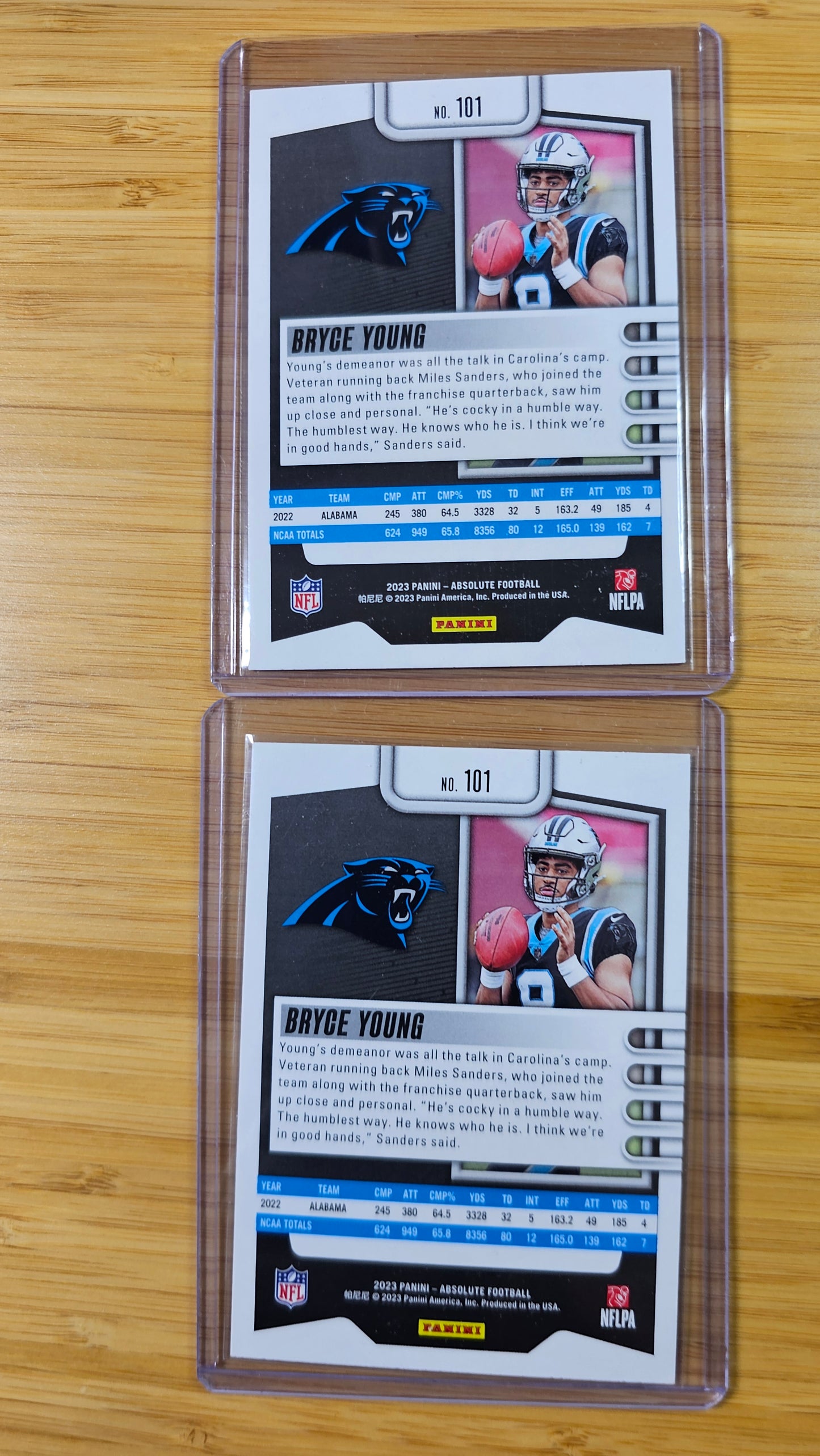 2023 Panini Absolute football Bryce Young - Base RC x 2 - Carolina Panthers