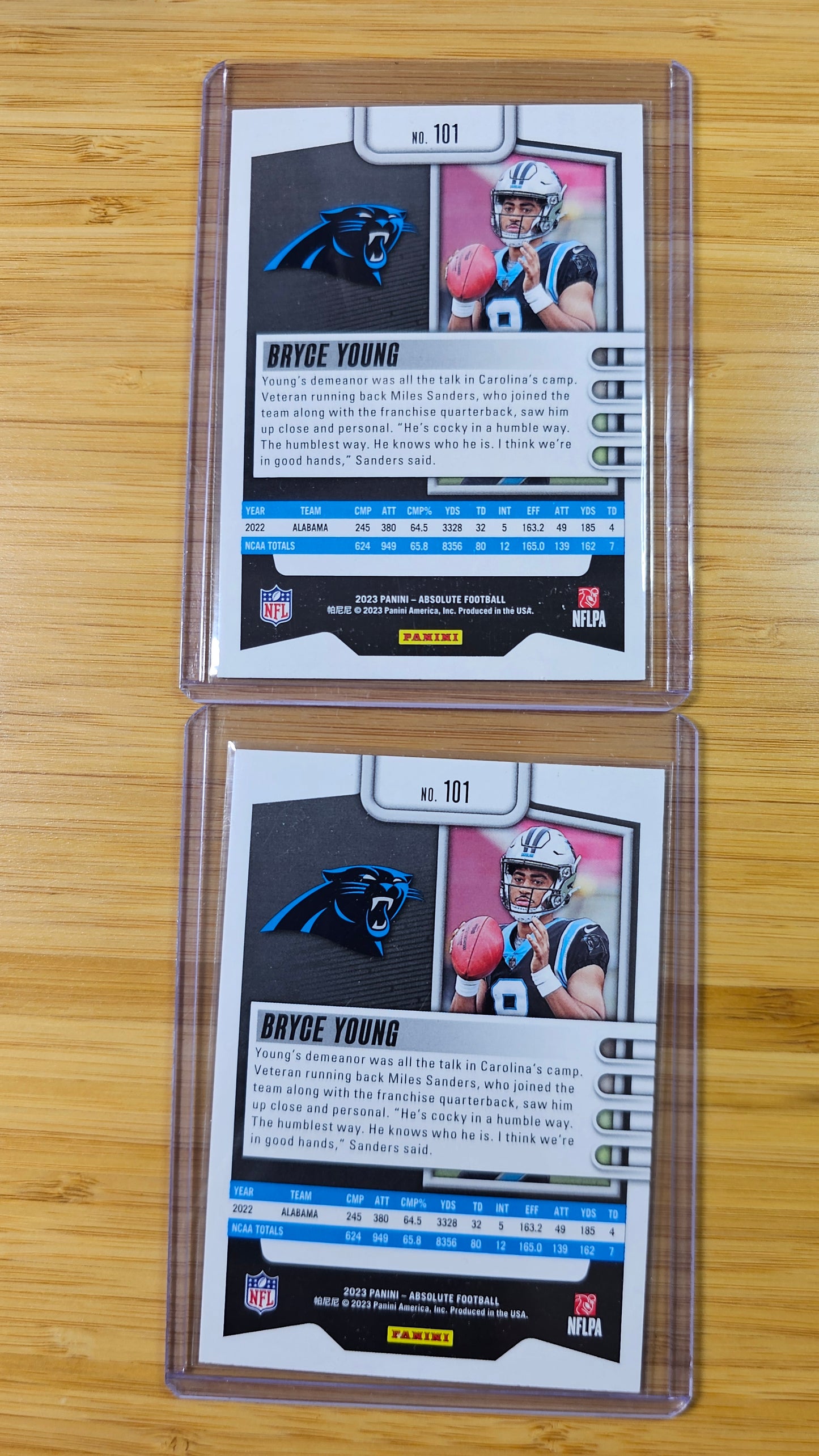 2023 Panini Absolute football Bryce Young - Base RC x 2 - Carolina Panthers