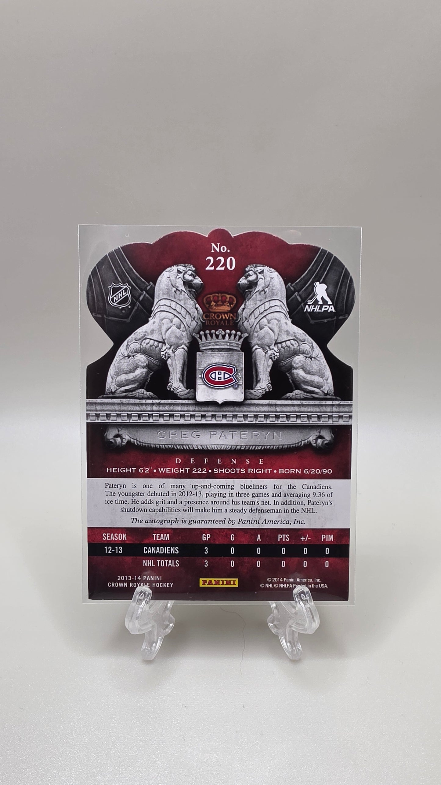 2013-14 Crown Royale Hockey Greg Pateryn Rookie Royalty Auto #/499 Die Cut Card # 220