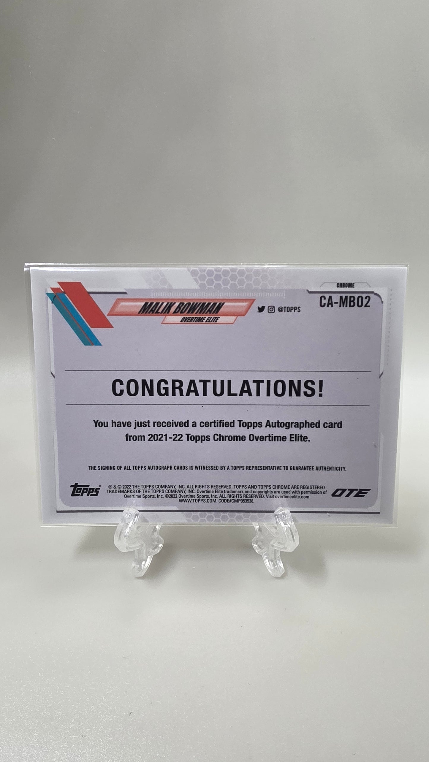 2022 Topps Chrome Overtime Elite Malik Bowman Rookie Auto Card #CA-MB02