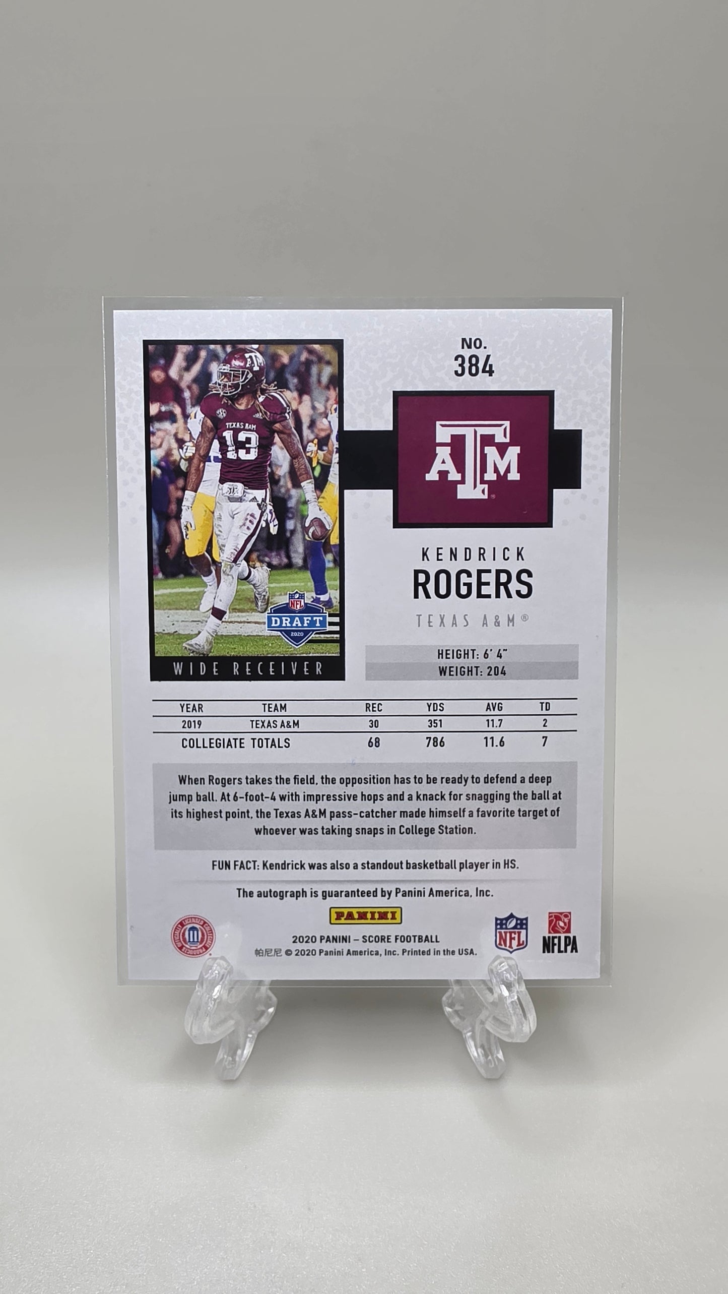 2020 Panini Score Kendrick Rogers Rookie Auto Card #384