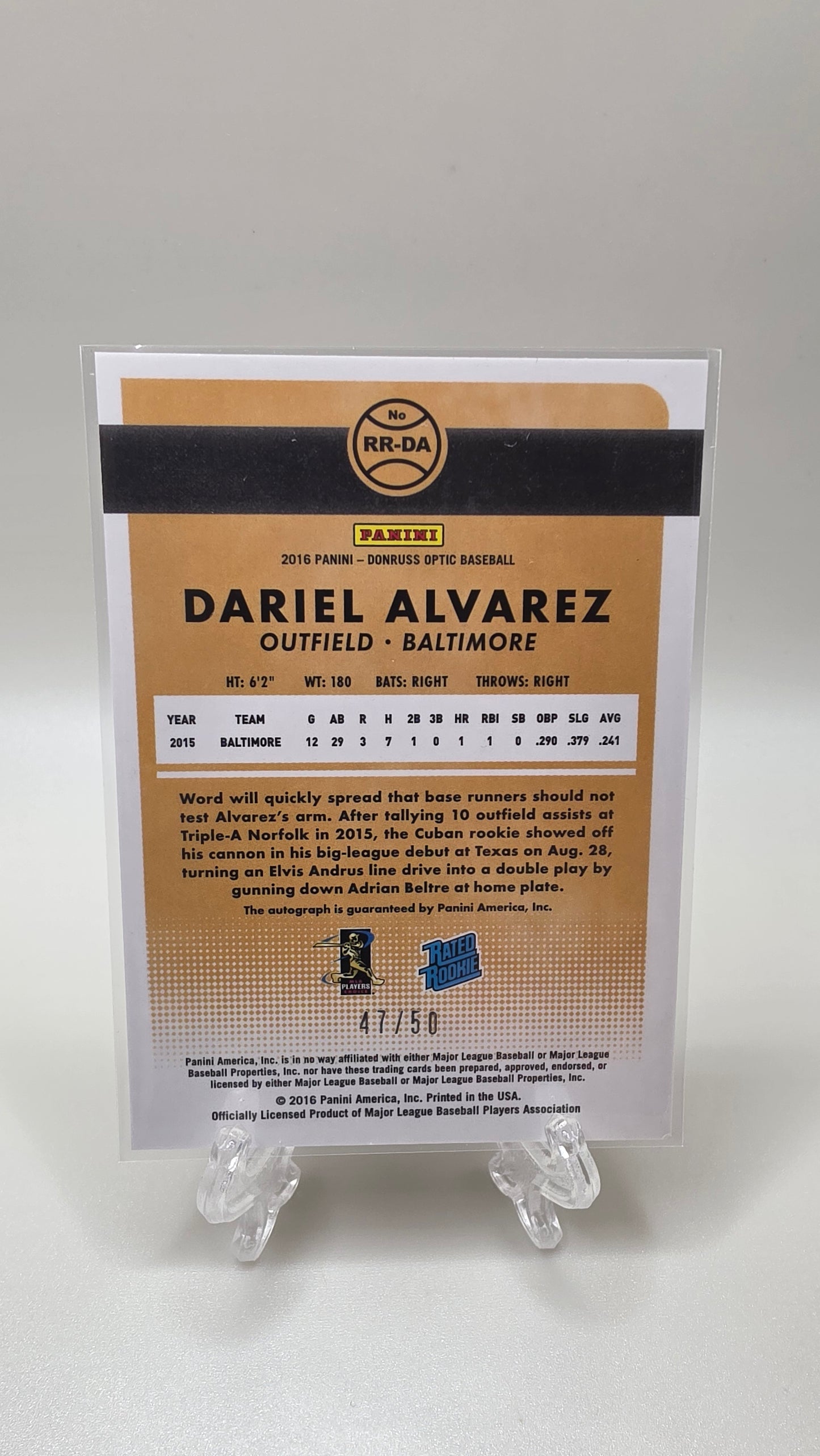 2016 Donruss Optic Baseball Dariel Alvarez Rated Rookie #/50 Orange Parallel Auto Card # RR-DA