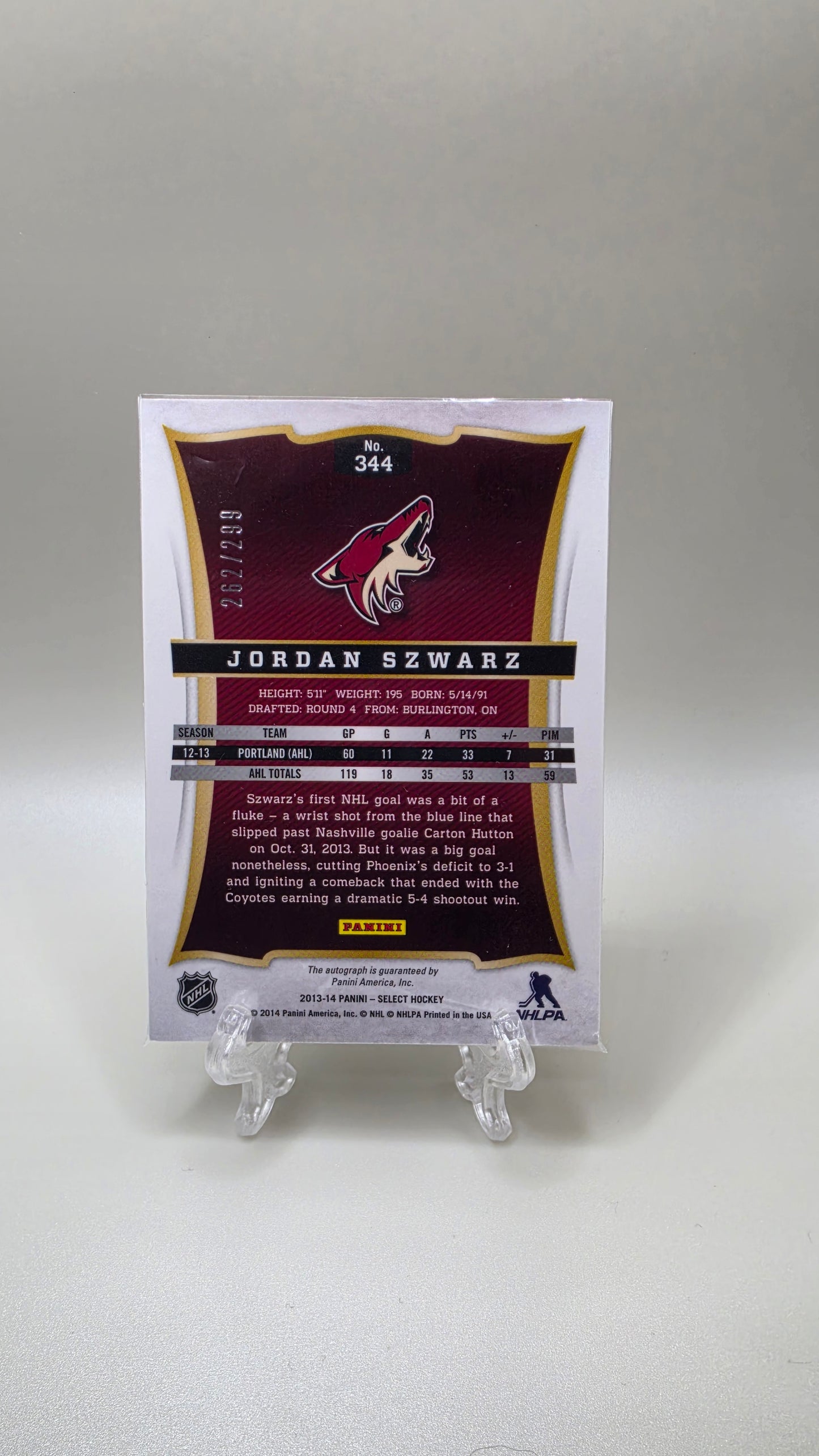 2013-14 Select Hockey Jordan Szwarz Rookie Auto #/299 Card # 344
