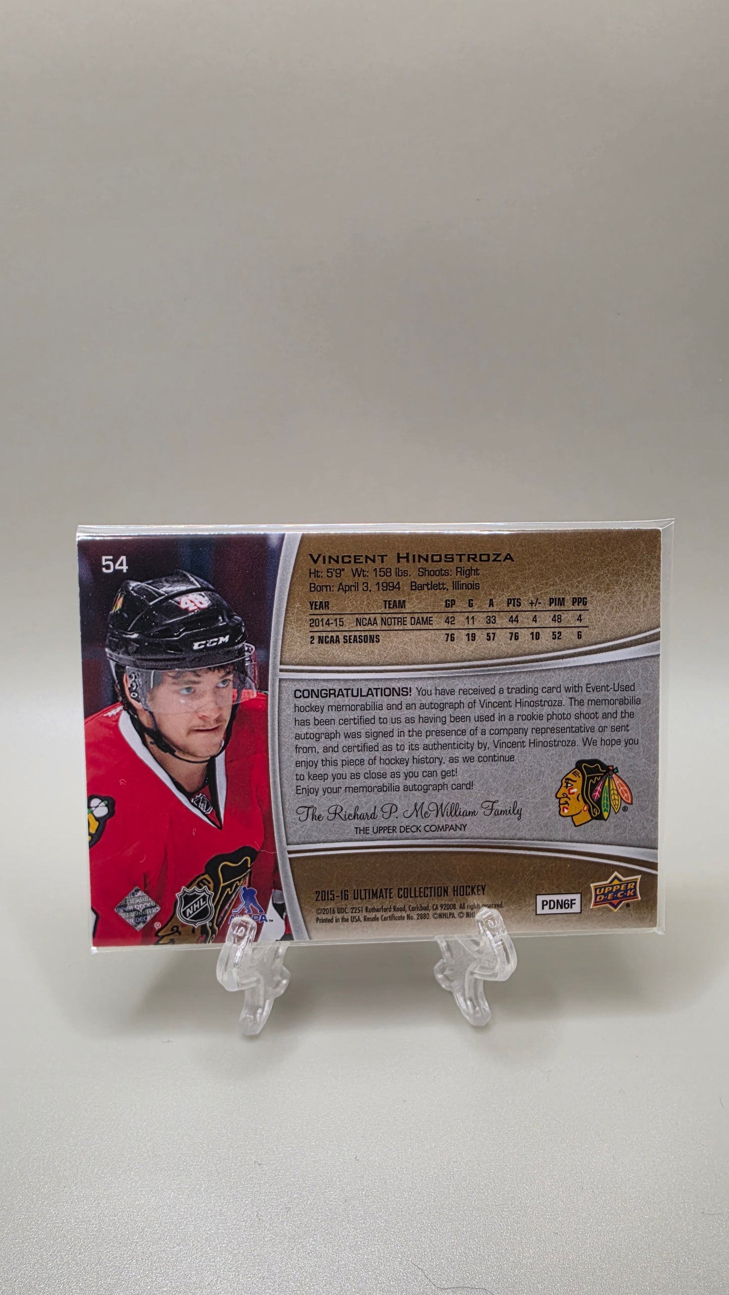 2015-16 UD Ultimate Collection Vincent Hinostroza Rookie Patch Auto Card # 54