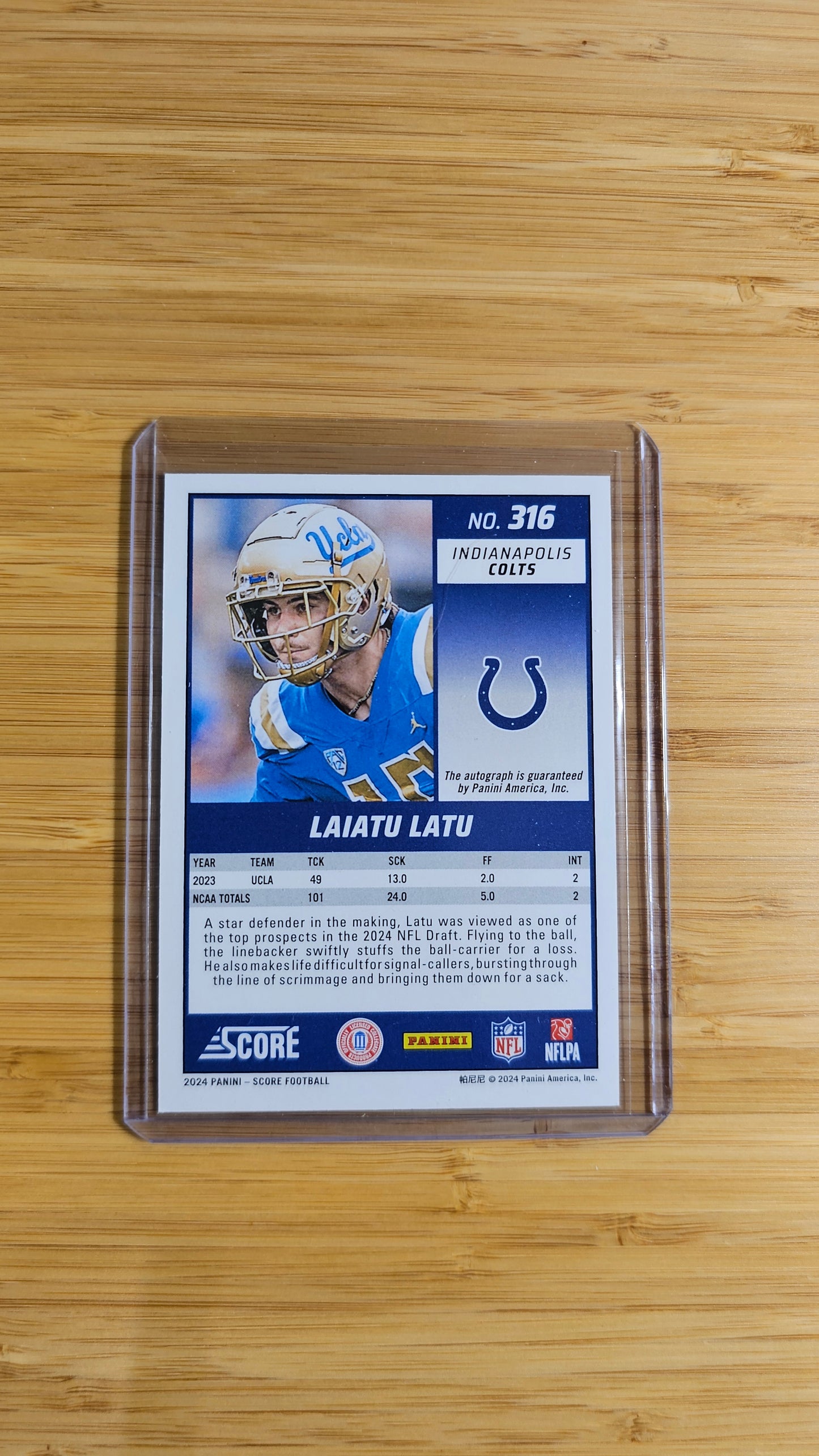 2024 Panini Score Laiatu Latu Rookie Autograph Card # No.316