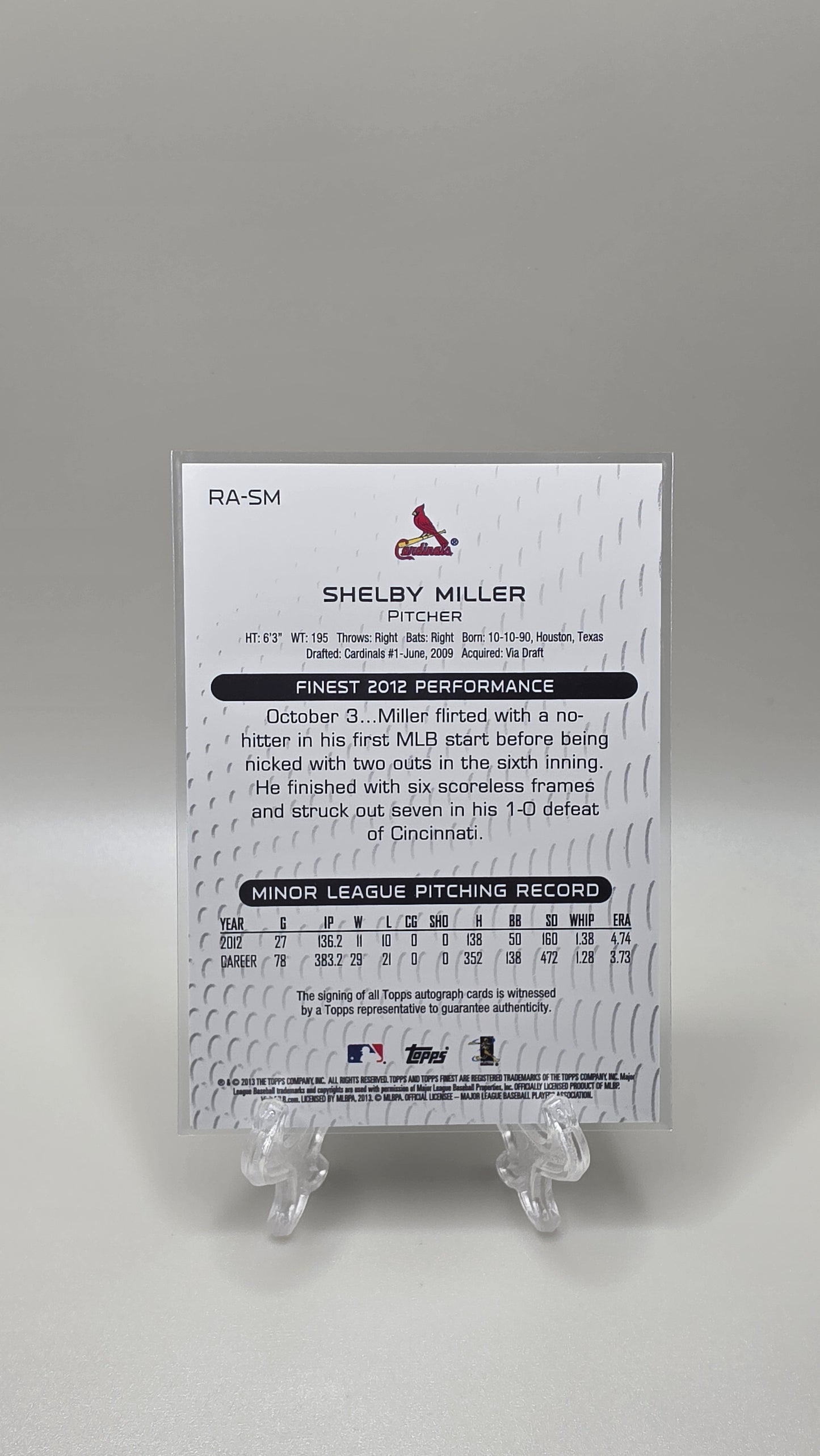 2013 Topps FInest Shelby Miller Rookie Auto Card # RA-SM