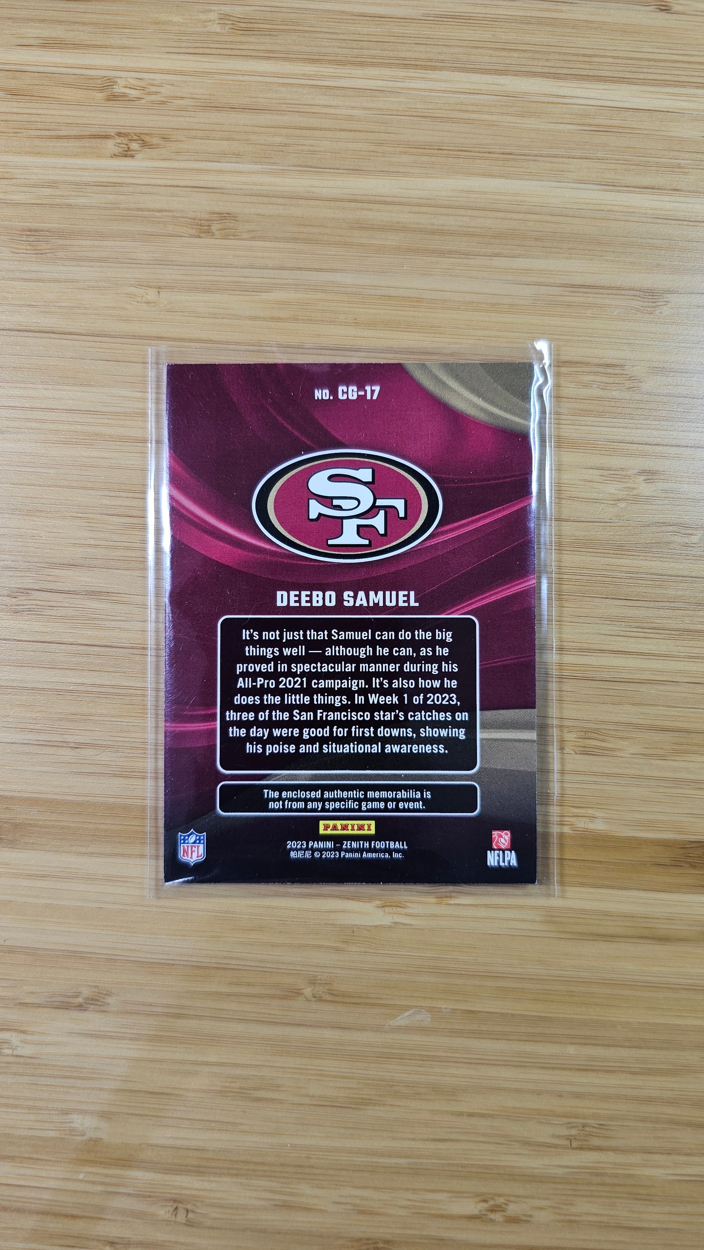 2023 Panini Zenith Color Guard Deebo Samuel Jersey Card #CG-17
