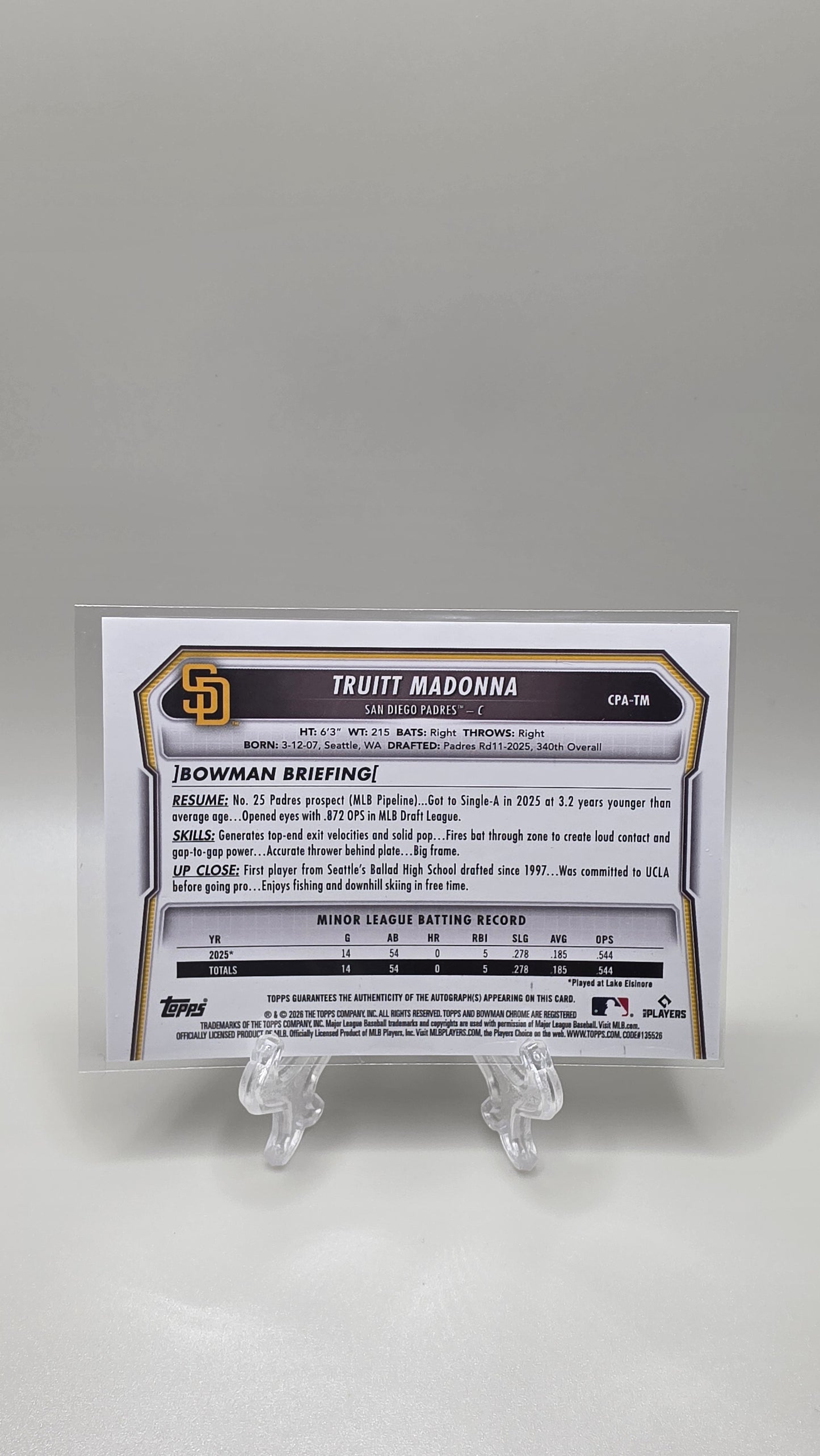 2026 Bowman Chrome Truitt Madonna Base Auto Card # CPA-TM