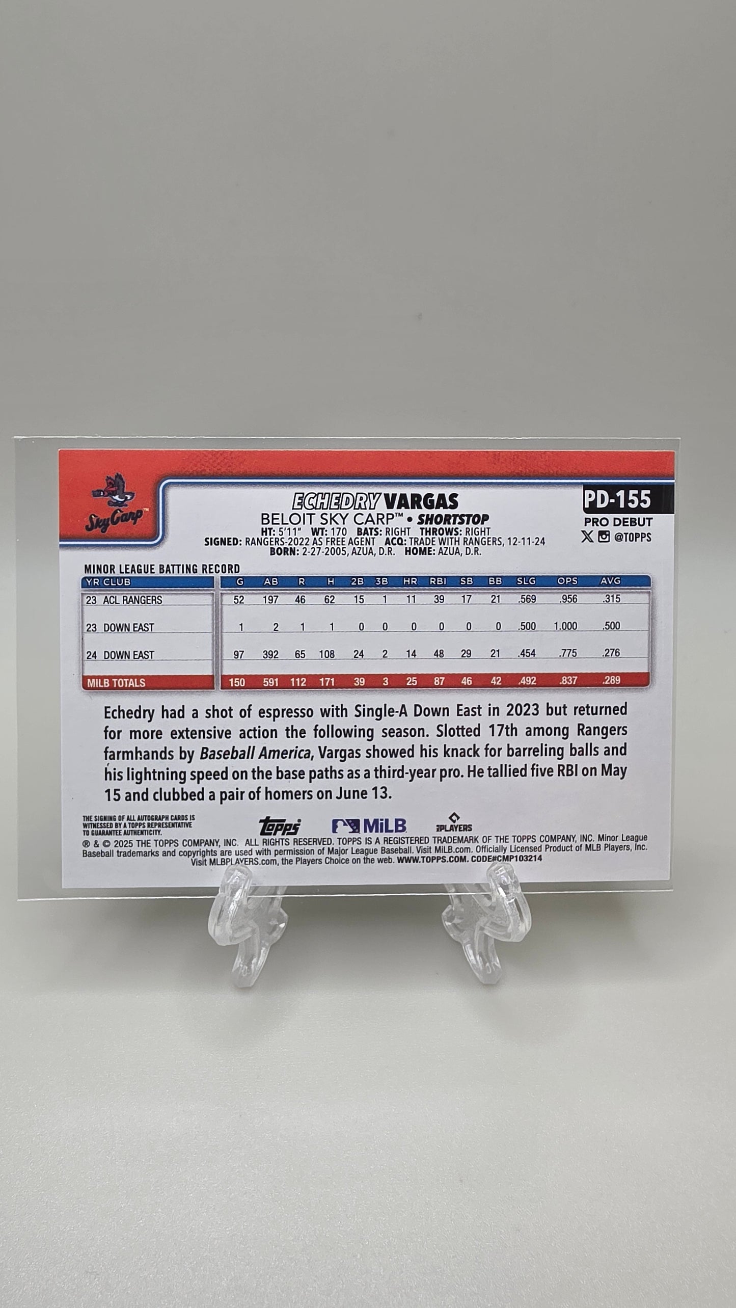 2025 Topps Pro Debut Echedry Vargas Base Auto #PD-155