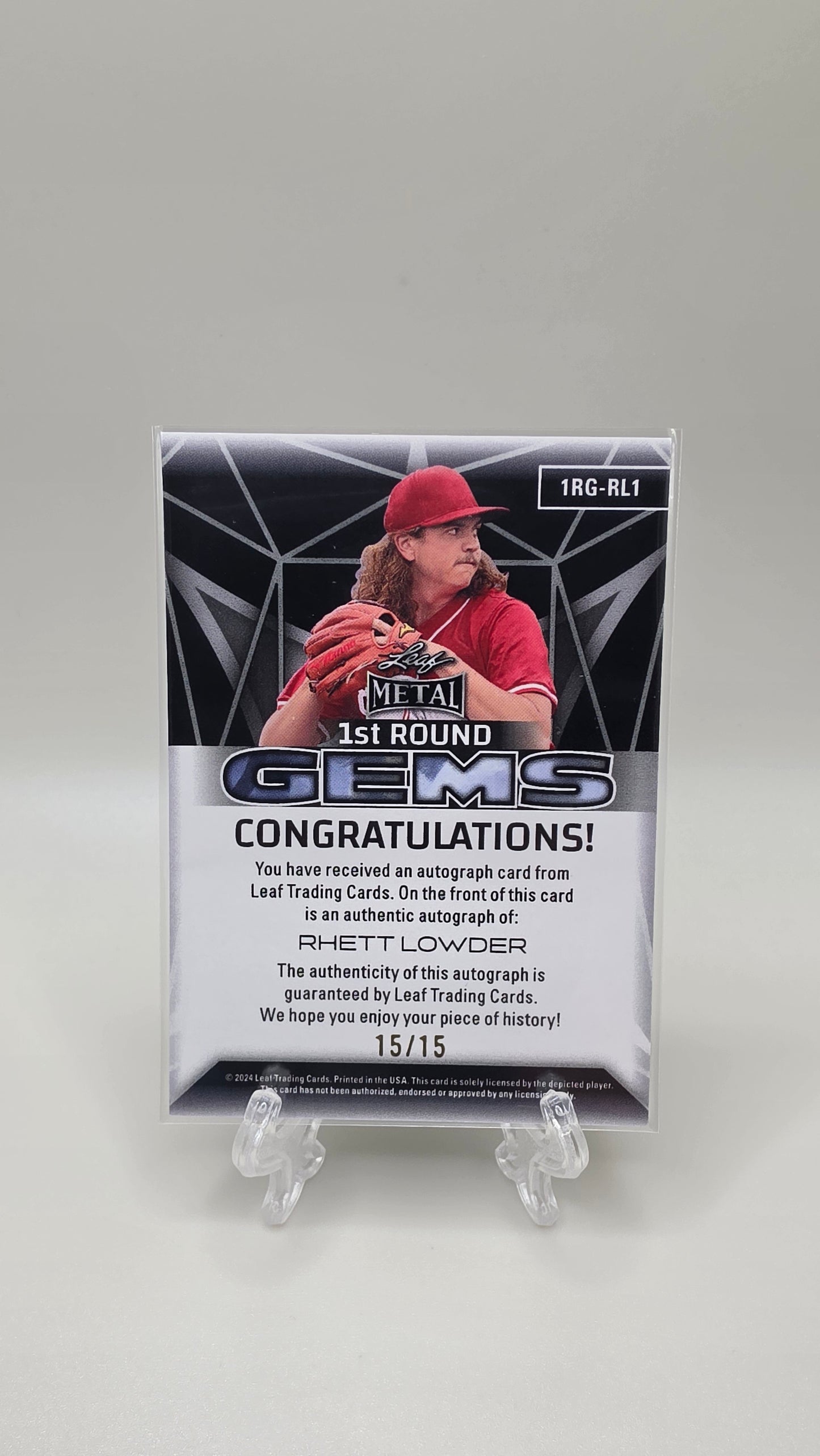 2024 Leaf Metal Rhett Lowder 1st Round Gems Auto #/15 Card # 1RG-RL1
