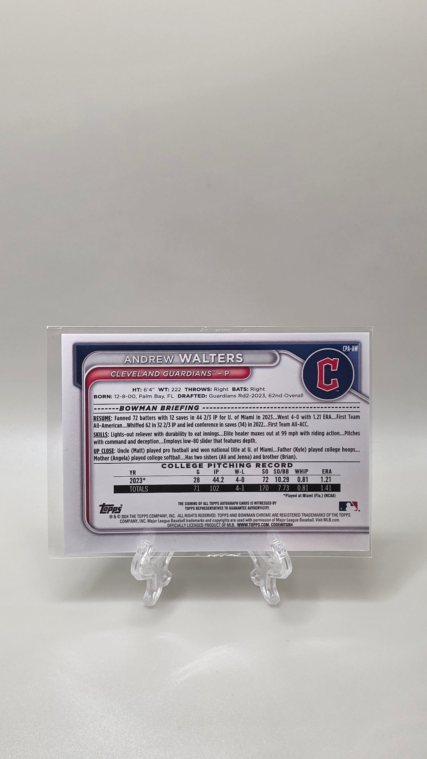 2024 Topps Bowman Chrome Andrew Walters Autograph Card # CPA-AW