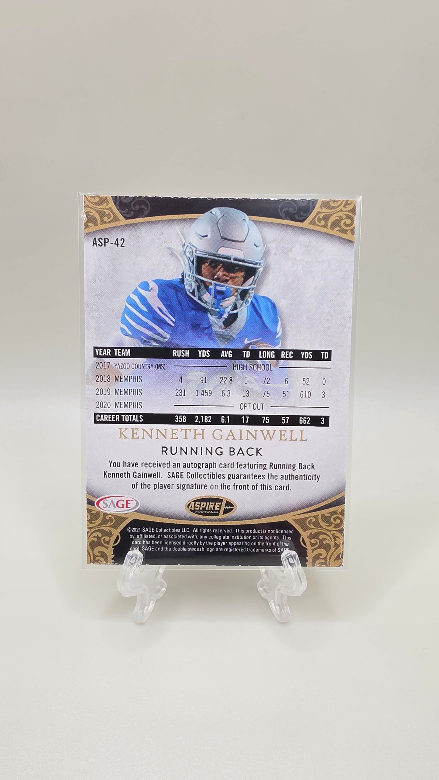 2021 Sage Aspire Kenneth Gainwell Gold Auto #/10 Card # ASP-42