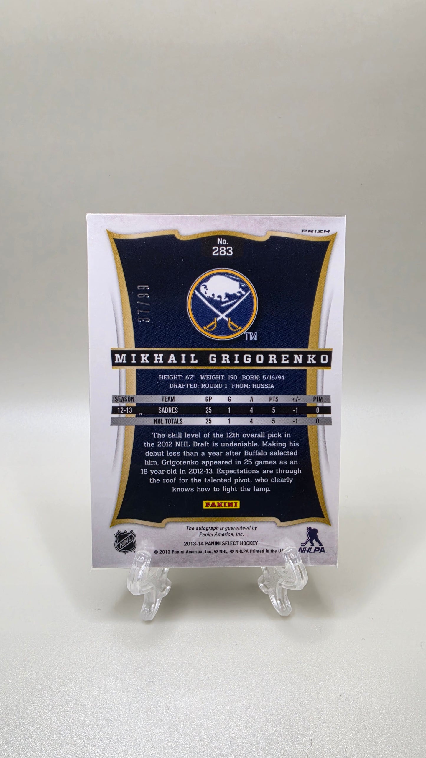 2013-14 Panini Select Hockey Mikhail Grigorenko Rookie Auto #/99 Card 283