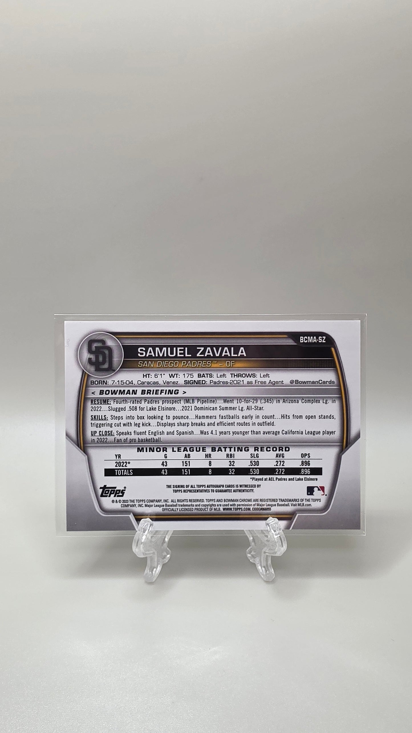 2023 Topps Bowman Chrome Samuel Zavala Green Prizm Auto #/99 Card # BCMA-SZ