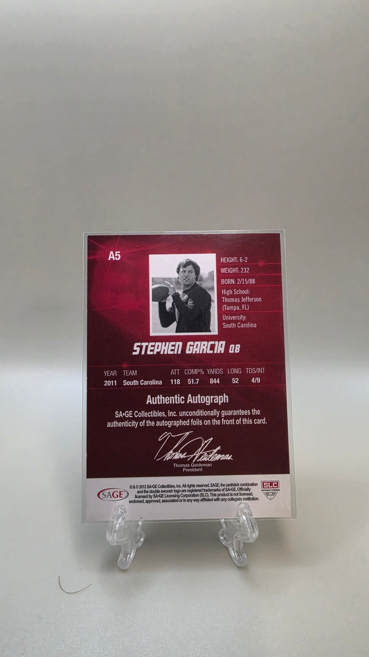 2012 HIT Sage Stephen Garcia Auto #A5