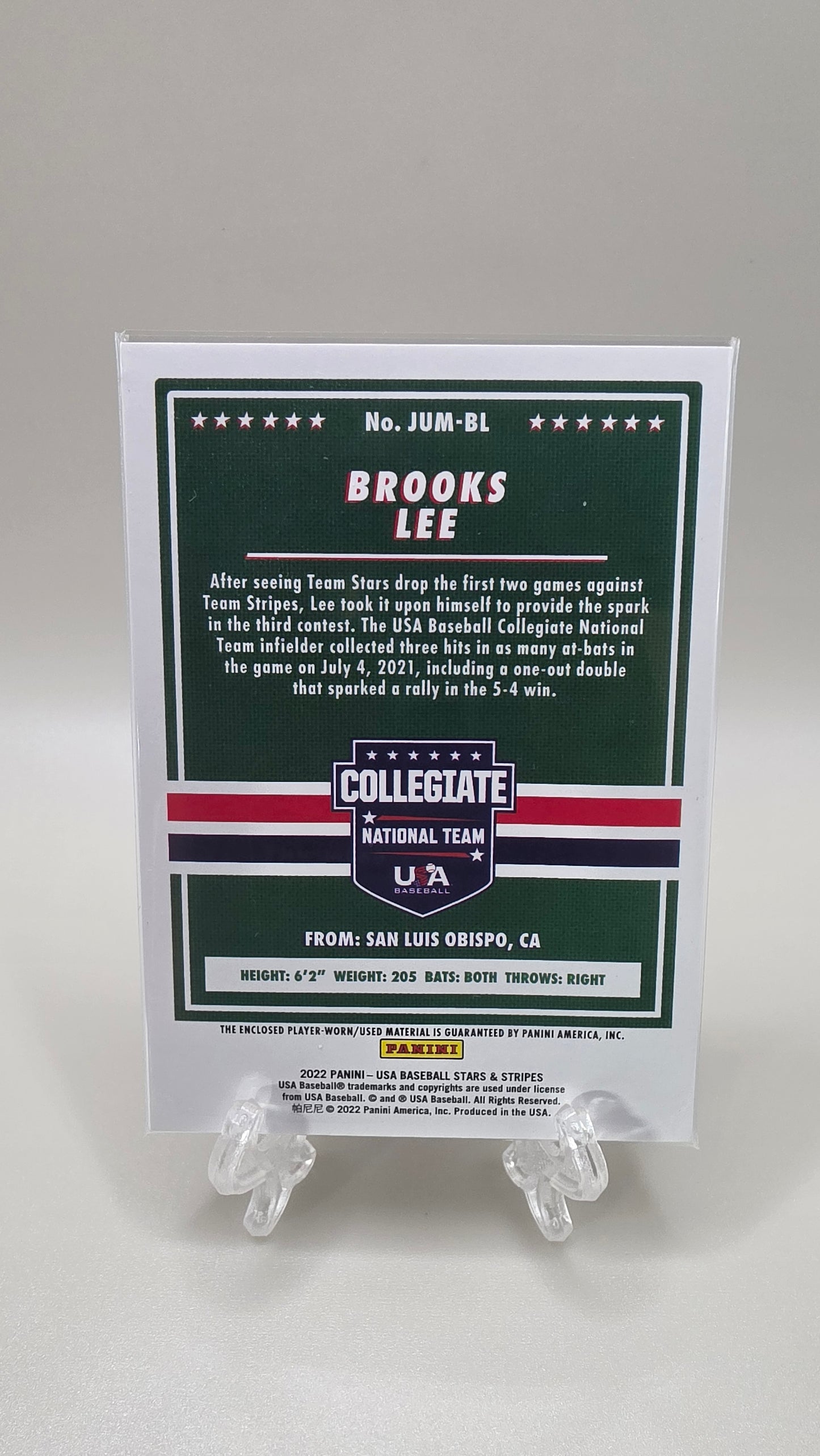 2022 Stars & Stripes Brooks Lee Jumbo Relic Card /15 #JUM-BL