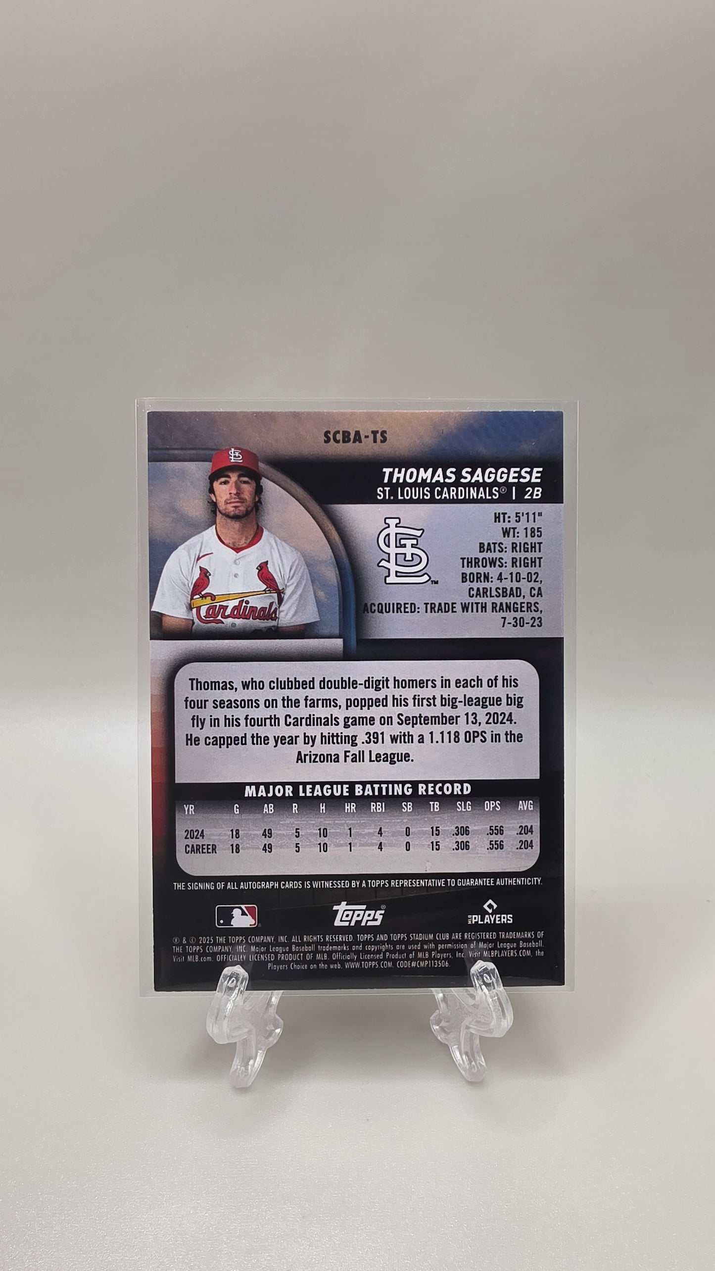 2025 Topps Stadium Club Thomas Saggese Rookie Auto Card # SCBA-TS