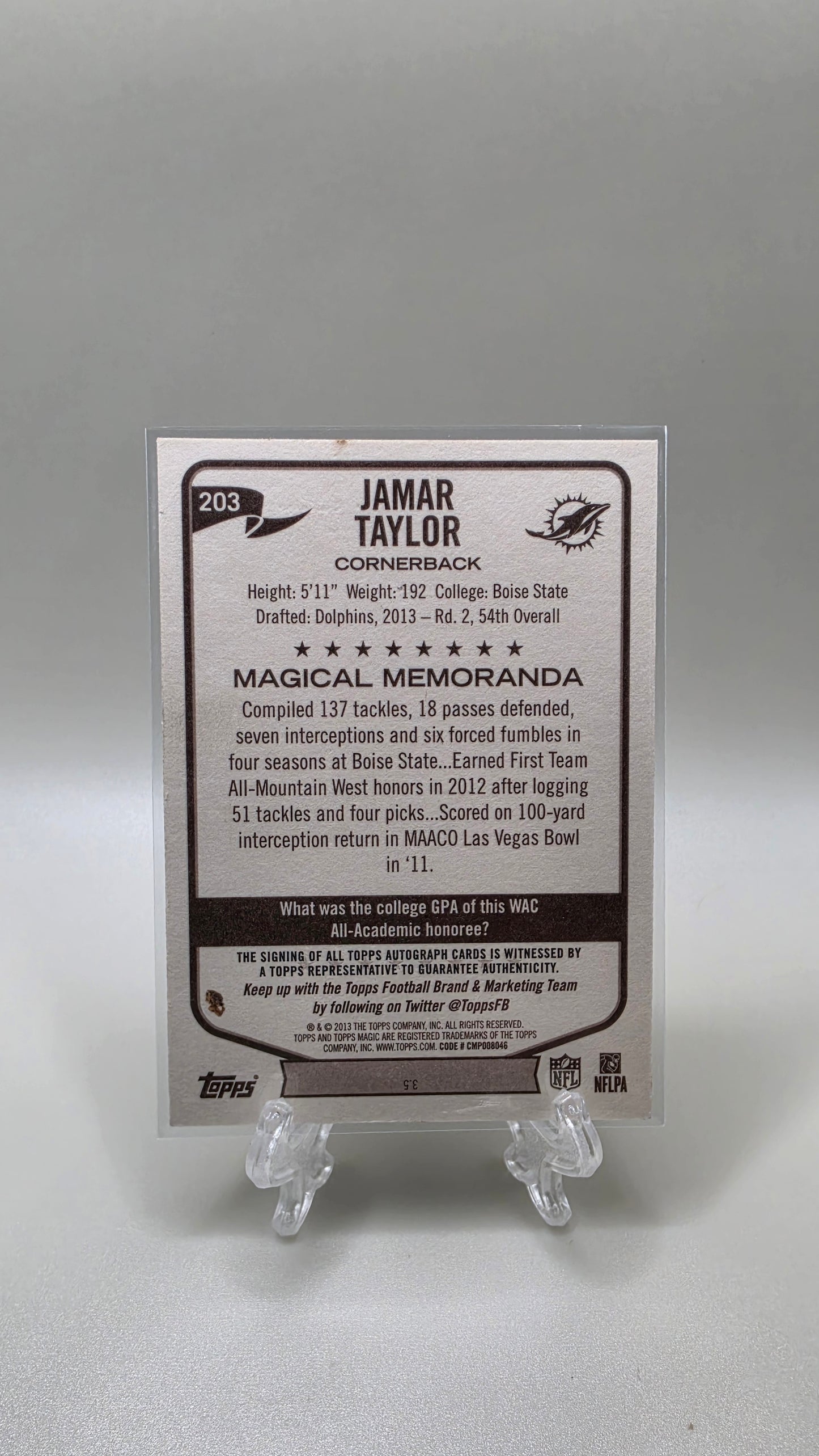 2013 Topps Magic Jamar Taylor Rookie Auto Card #203