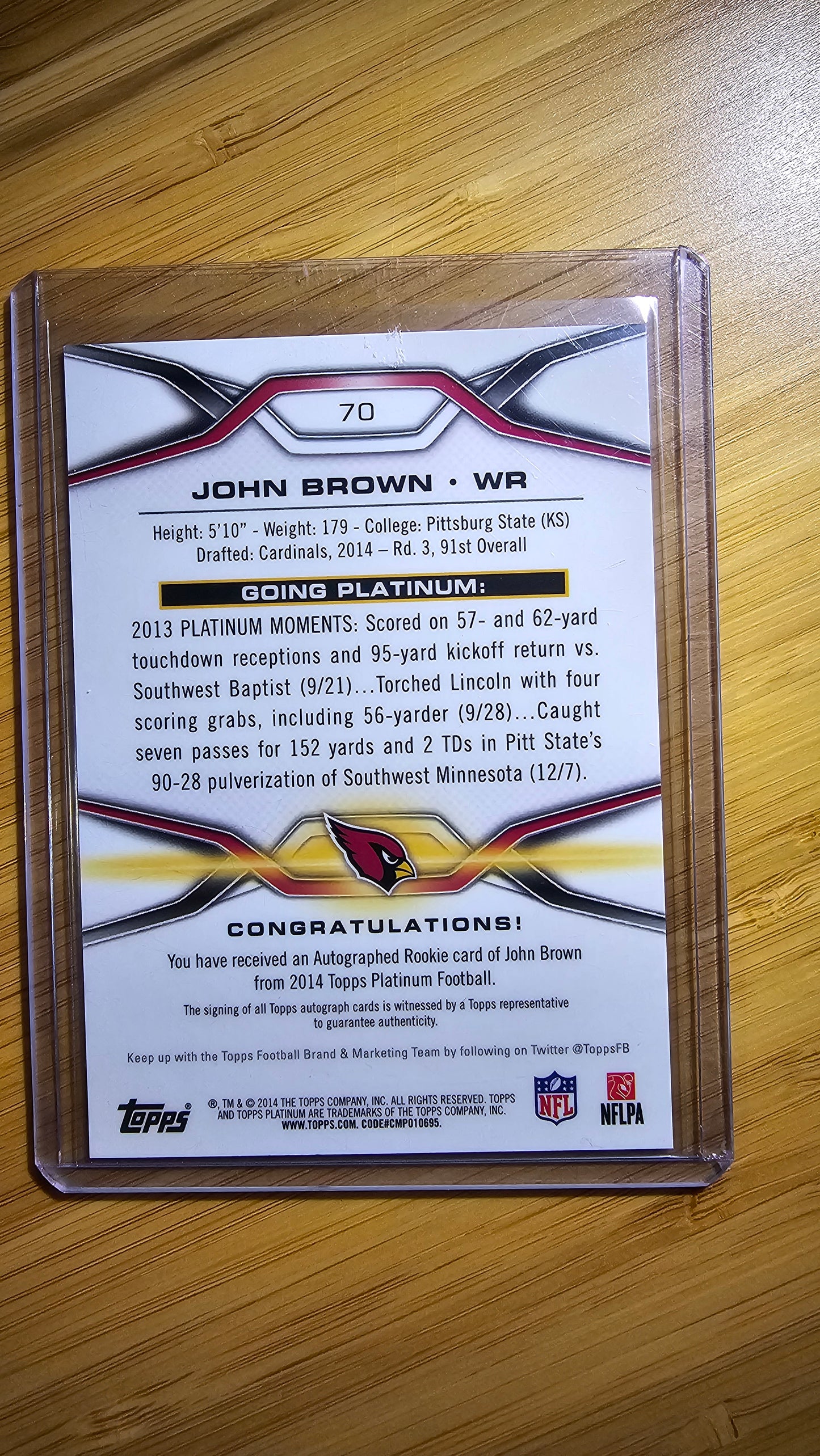 2014 Topps Platinum John Brown - Autographed RC- Arizona Cardinals