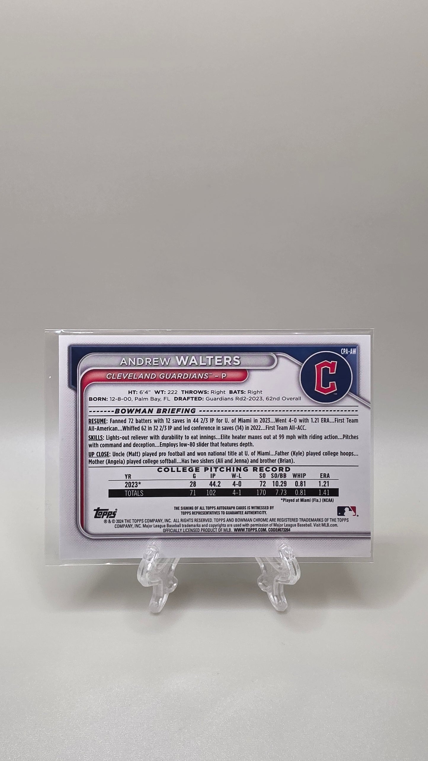 2024 Topps Bowman Chrome Andrew Walters Autograph Card # CPA-AW