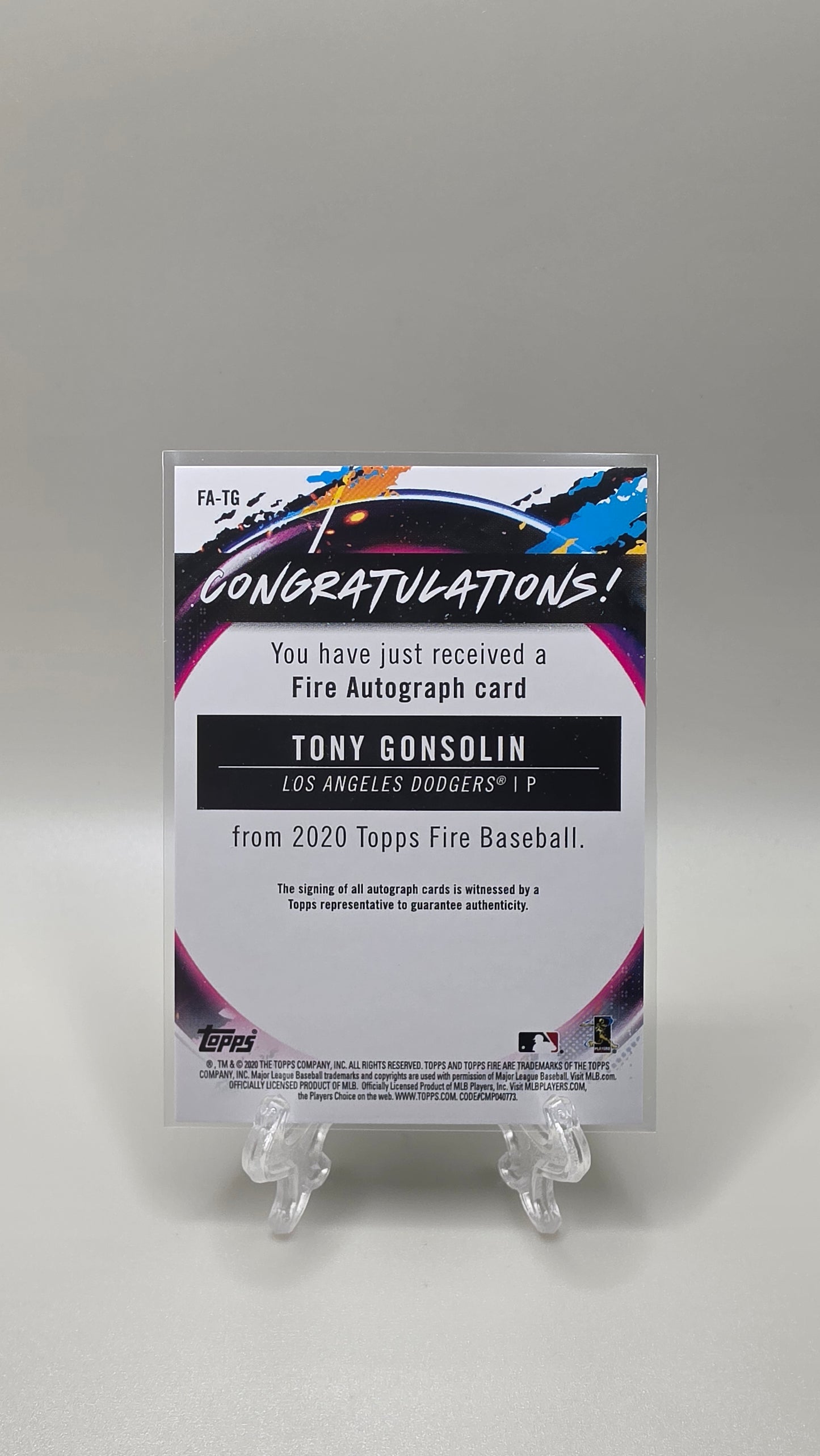 2020 Topps Fire Tony Gonsolin Rookie Auto Card # FA-TG