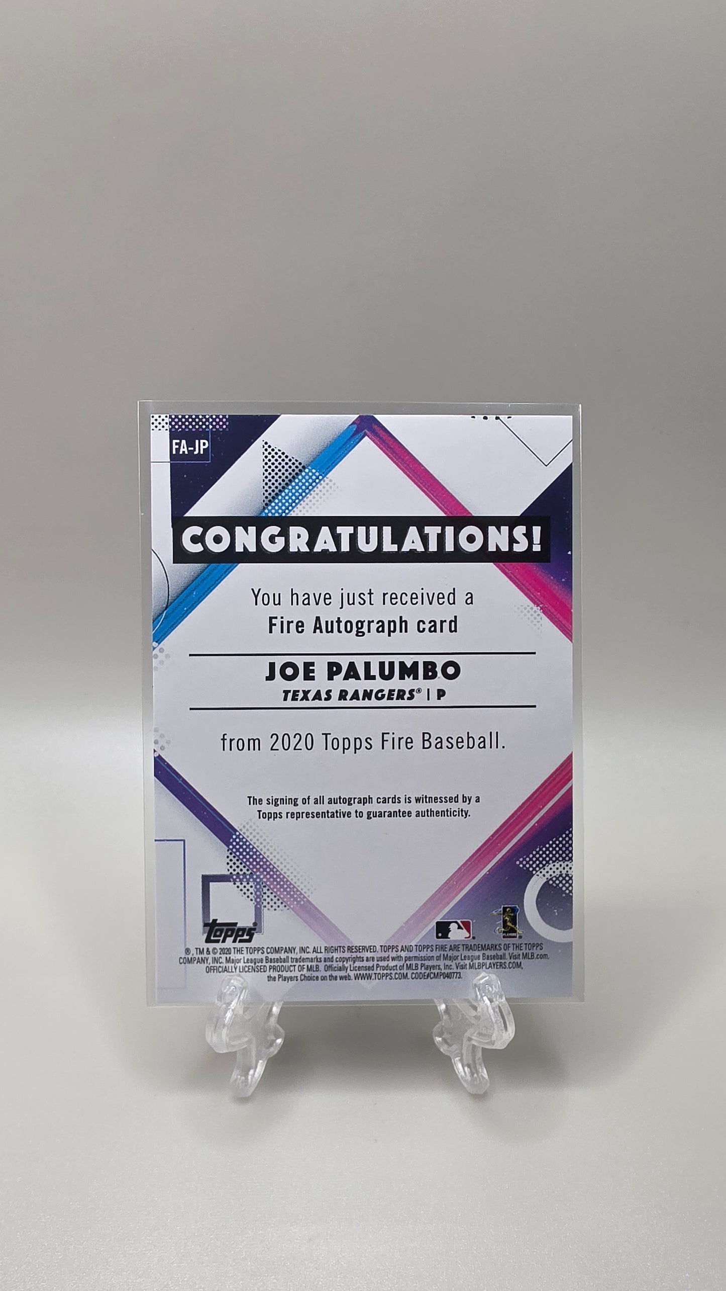 2020 Topps Fire Joe Palumbo Rookie Auto Card # FA-JP