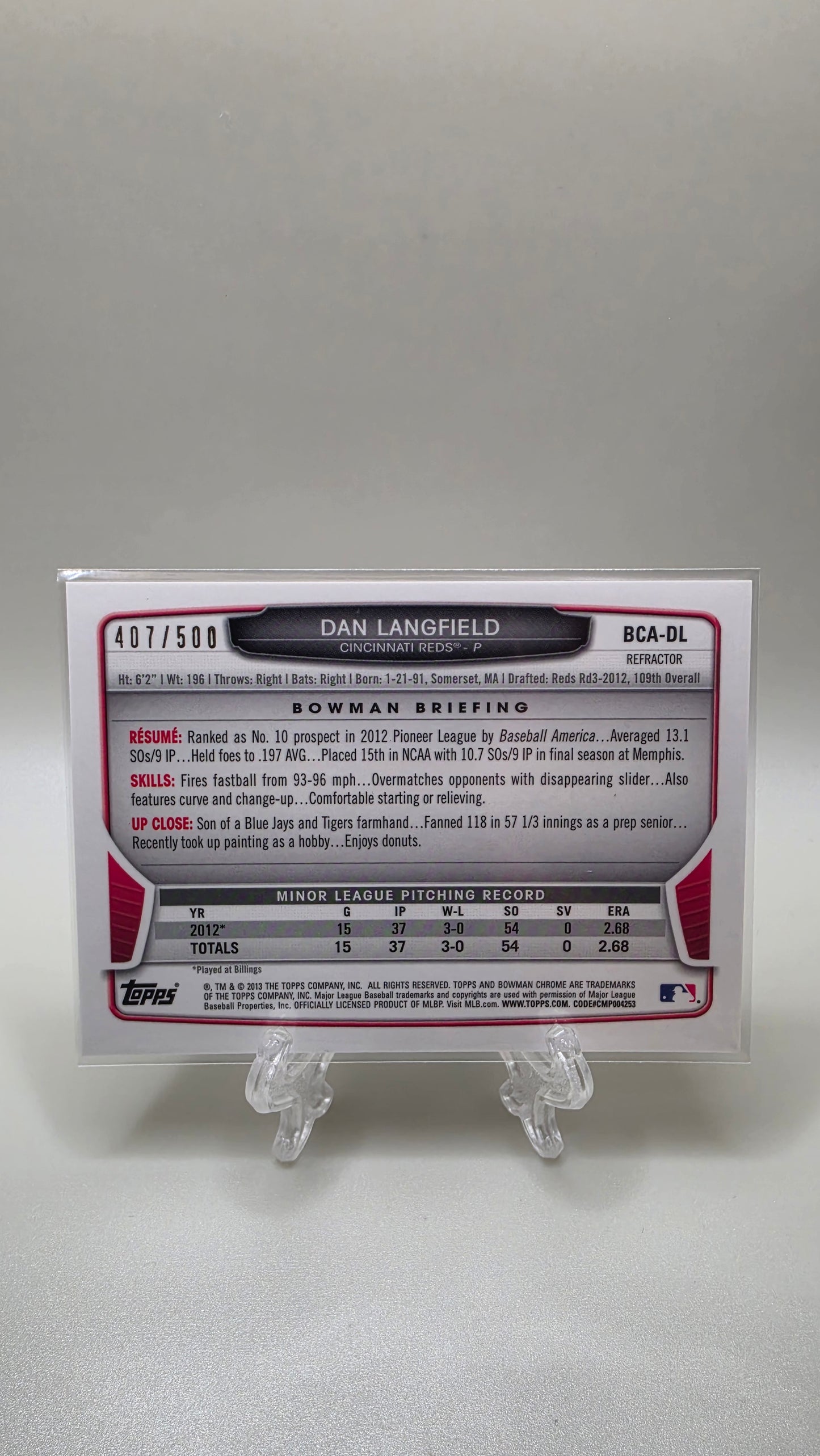 2013 Topps Bowman Chrome Dan Langfield Auto #/500 Card # BCA-DL