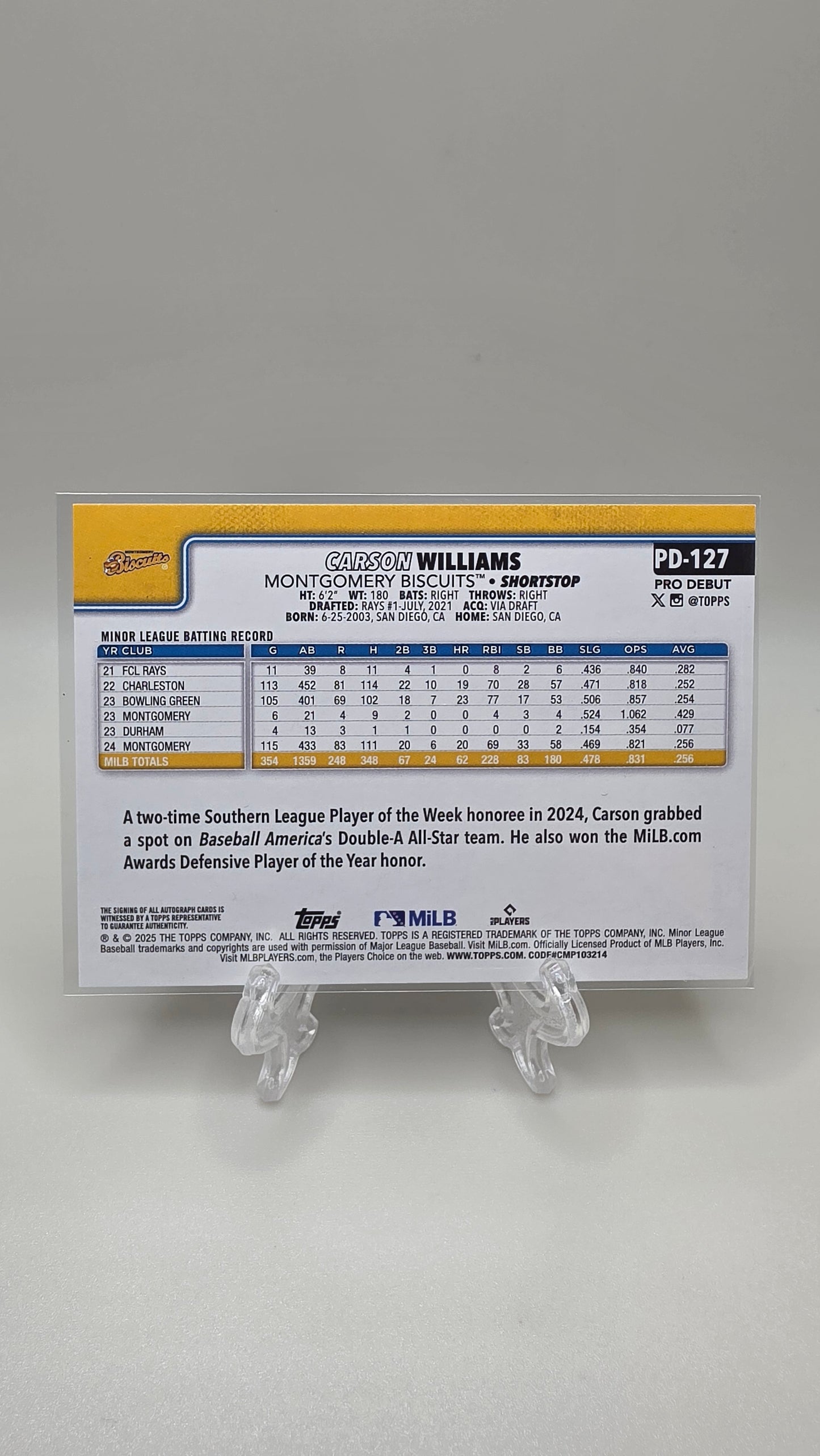 2025 Topps Pro Debut Carson Williams Base Auto #PD-127